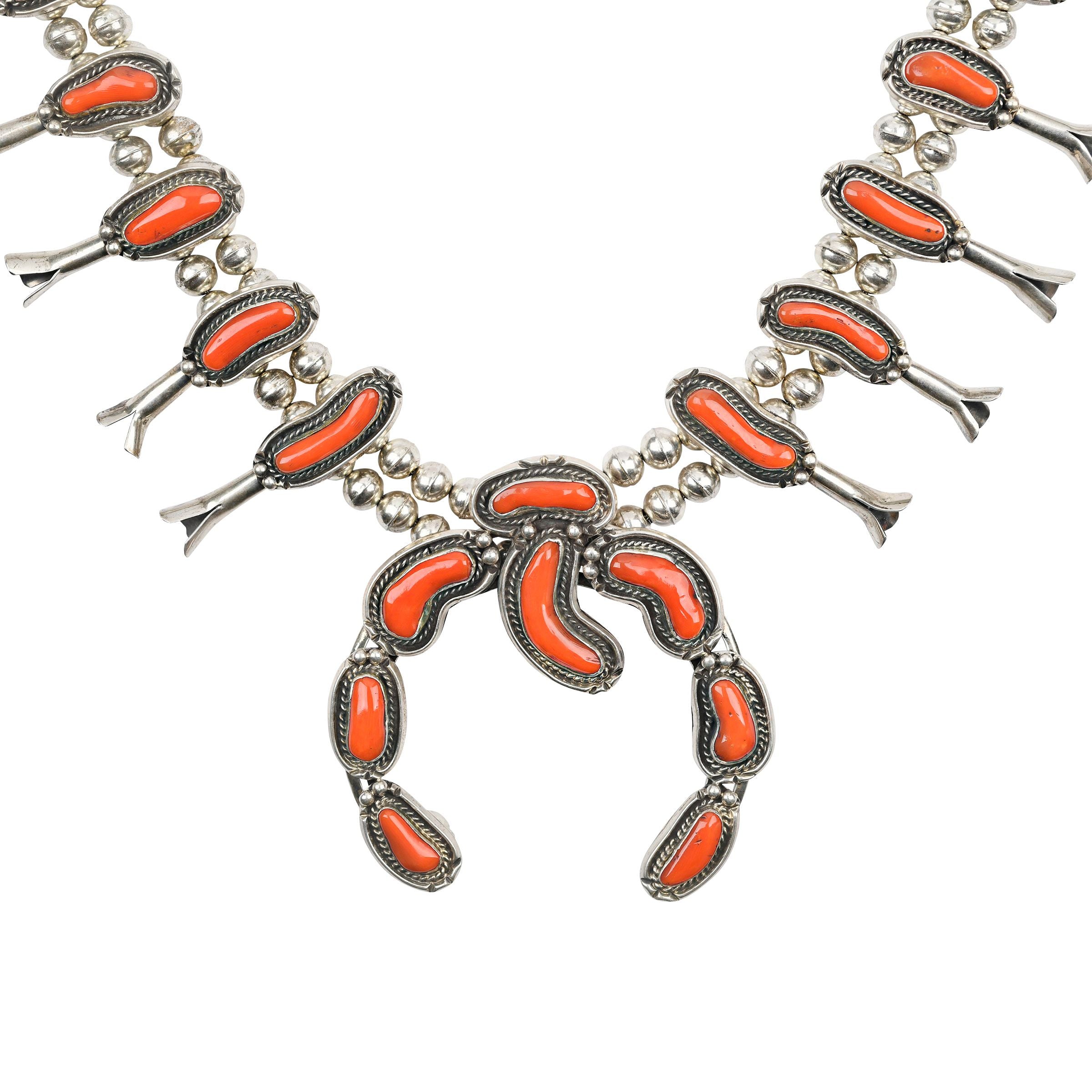 Vintage Navajo Coral Squash Blossom Necklace, C. 1950's