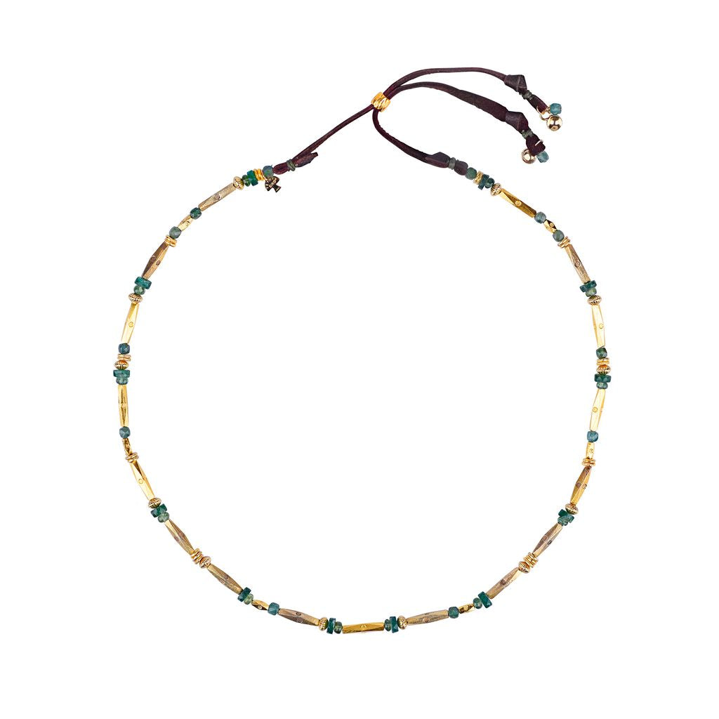 14K gold plated and green apatite hatband with deer skin leather.