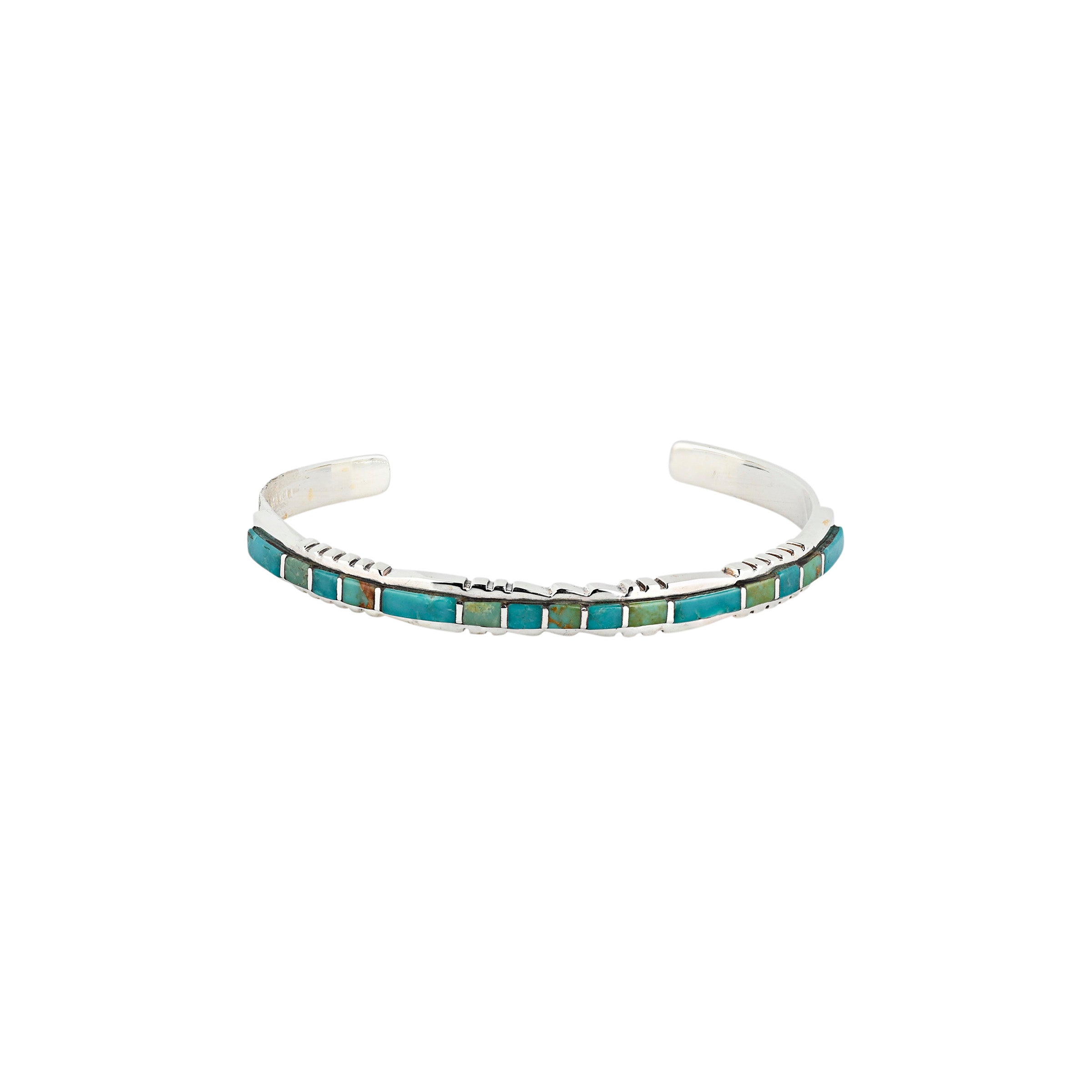 Sterling silver cuff with inlay stone detail in turquoise and green turquoise and detailing on top and bottom. front view