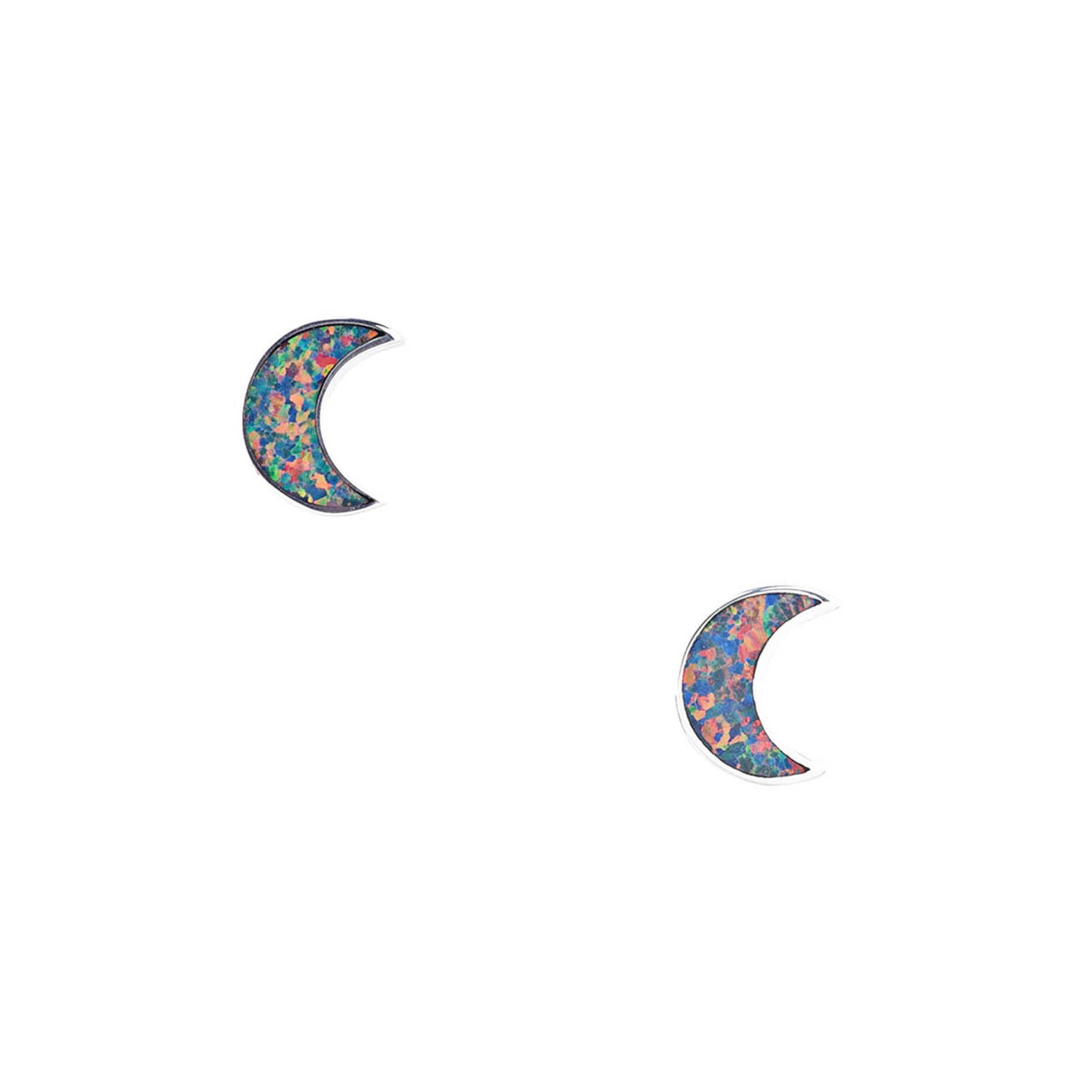 A pair of crescent-shaped stud earrings with dark opal stones, made of .925 sterling silver.