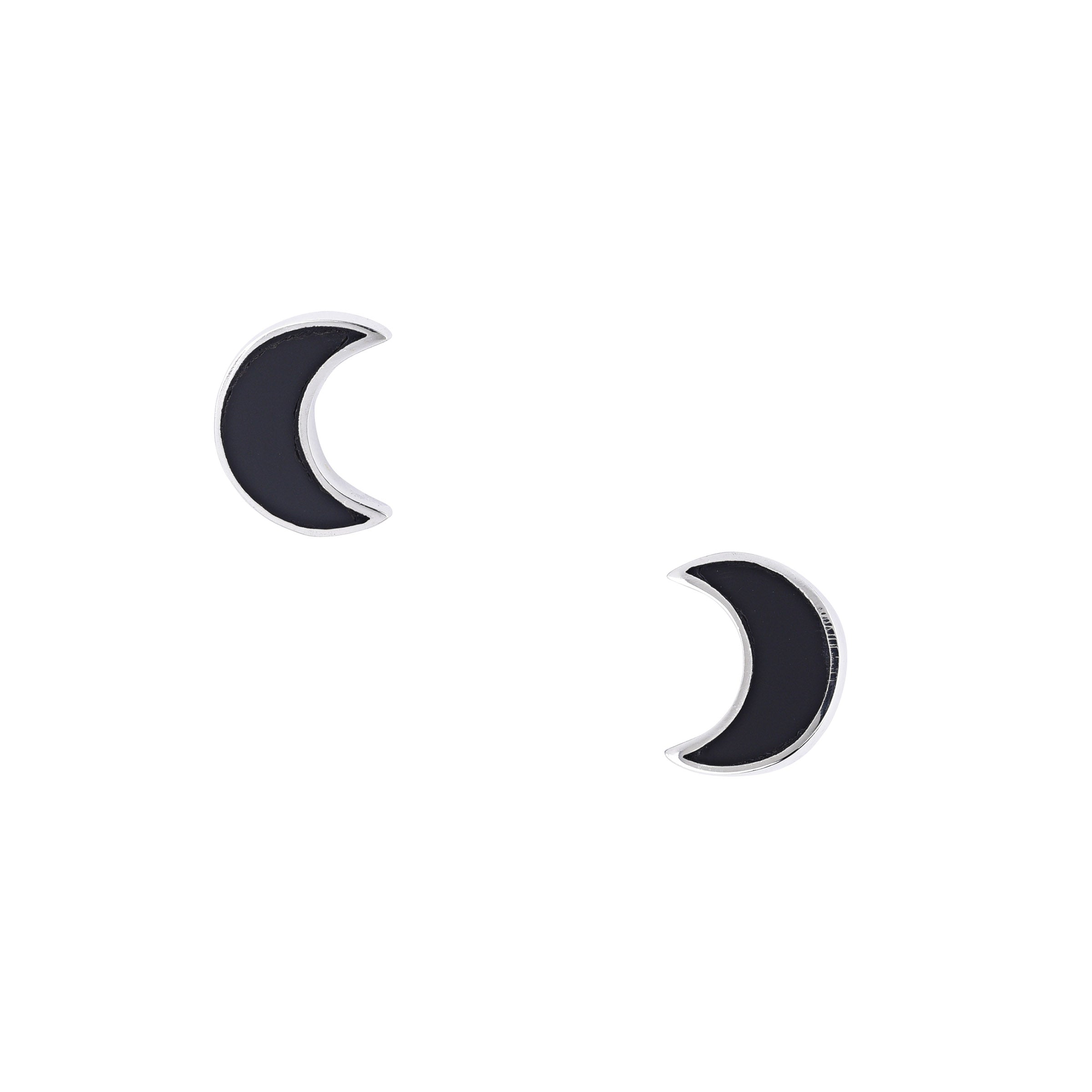 A pair of crescent-shaped stud earrings with onyx stones, made of .925 sterling silver.