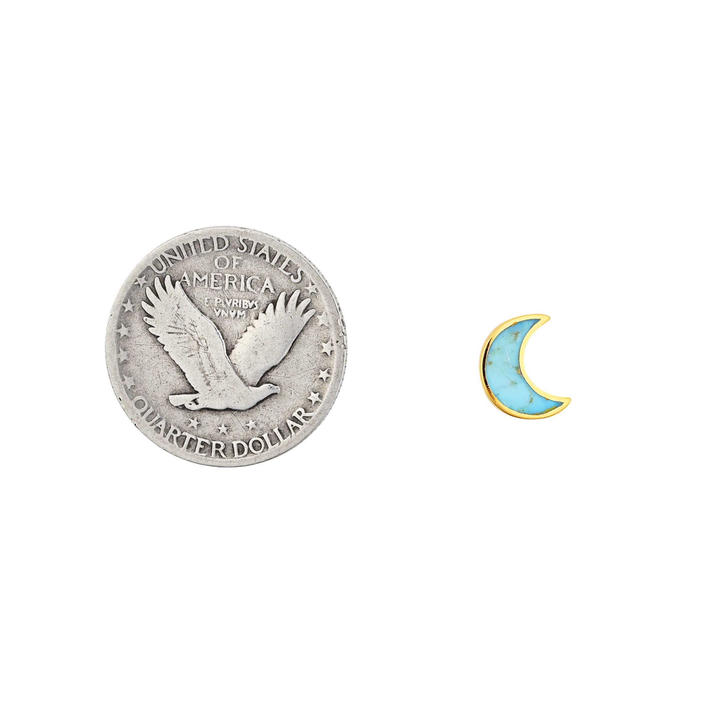 A pair of crescent-shaped stud earrings with turquoise stones, made of 14K gold plate.