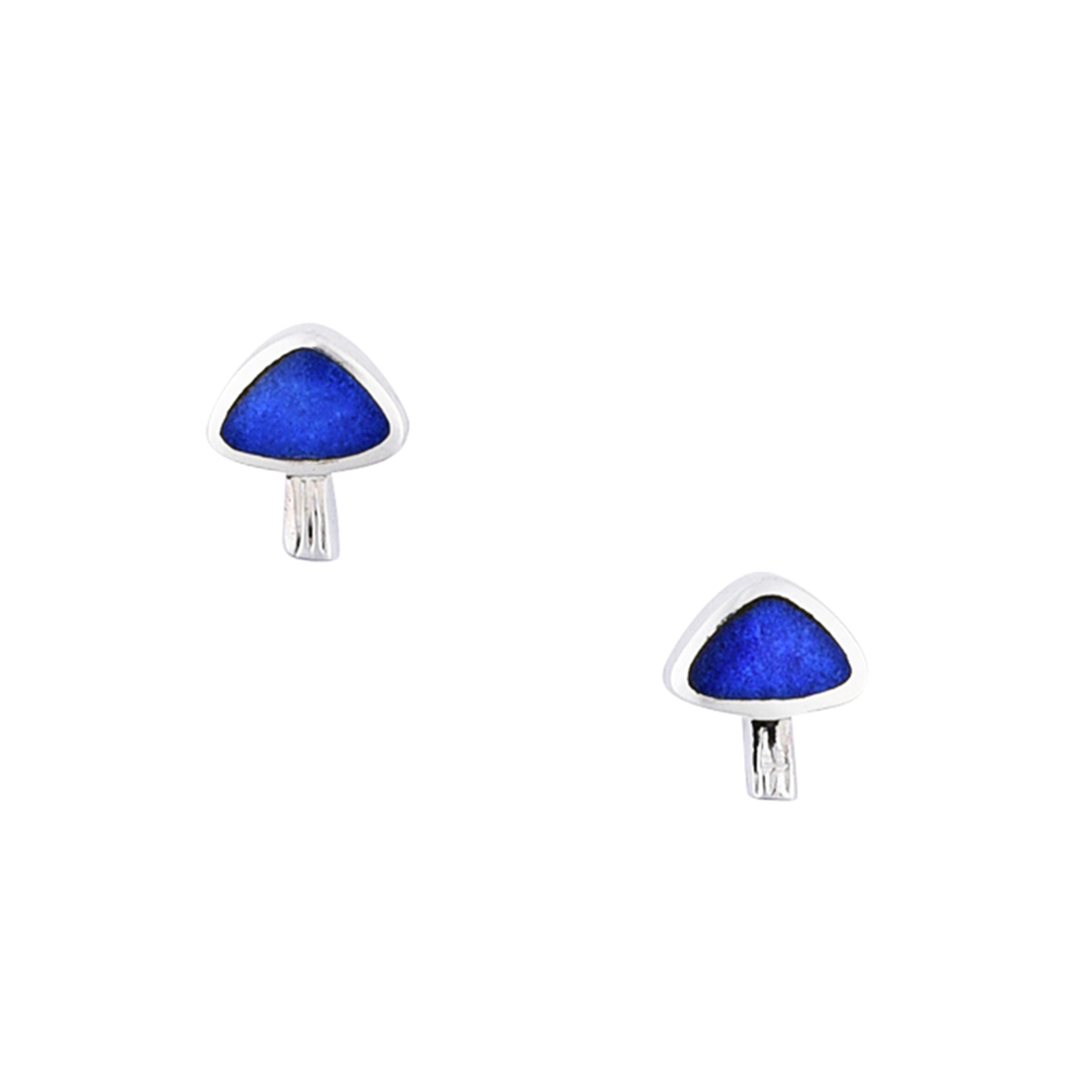 Petite stud earrings in sterling silver and lapis in the shape of a portabella mushroom.