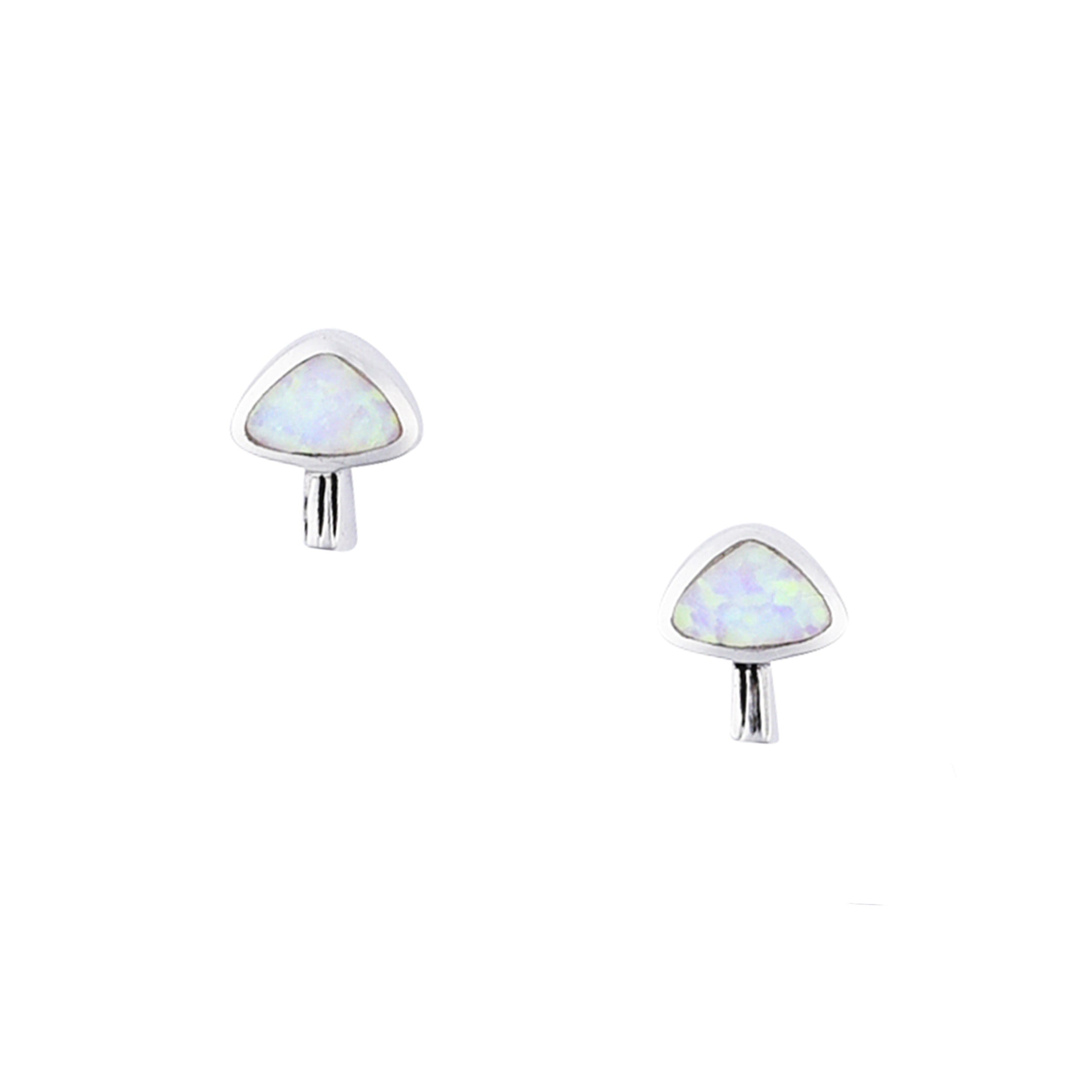Petite stud earrings in sterling silver white opal in the shape of a portabella mushroom.