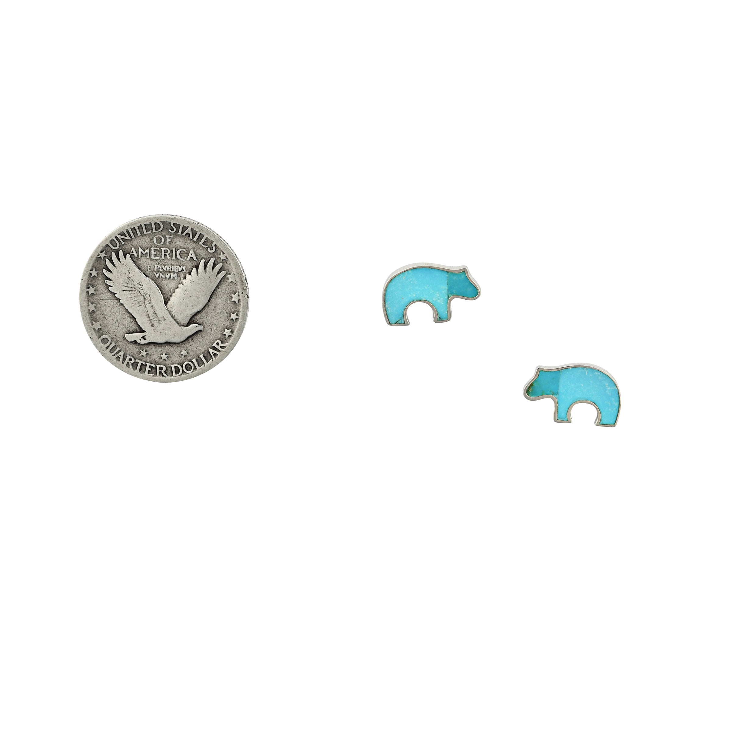 Sterling Silver Turquoise inlay bear earrings next to coin for scale.