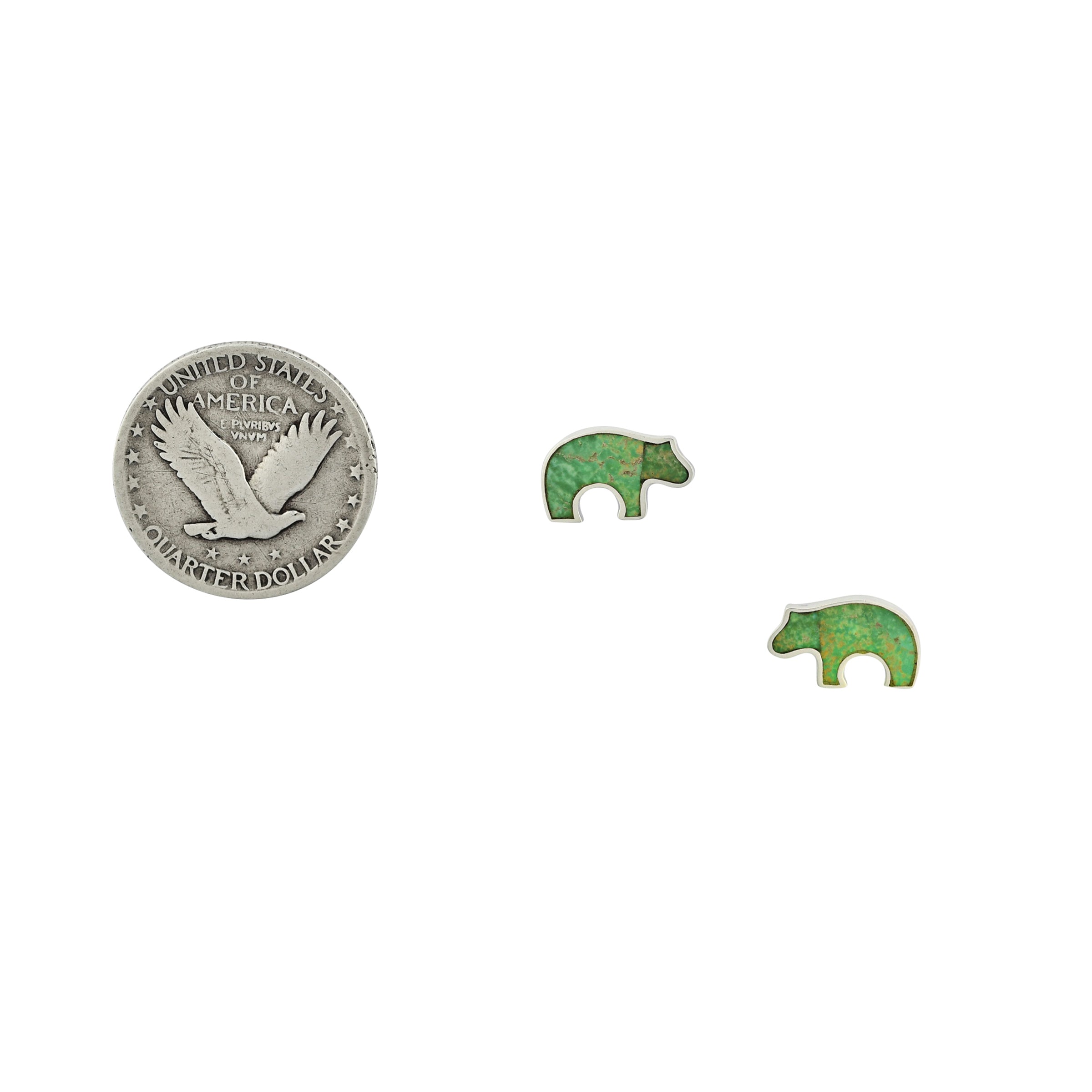 Sterling Silver Green Turquoise inlay bear earrings.