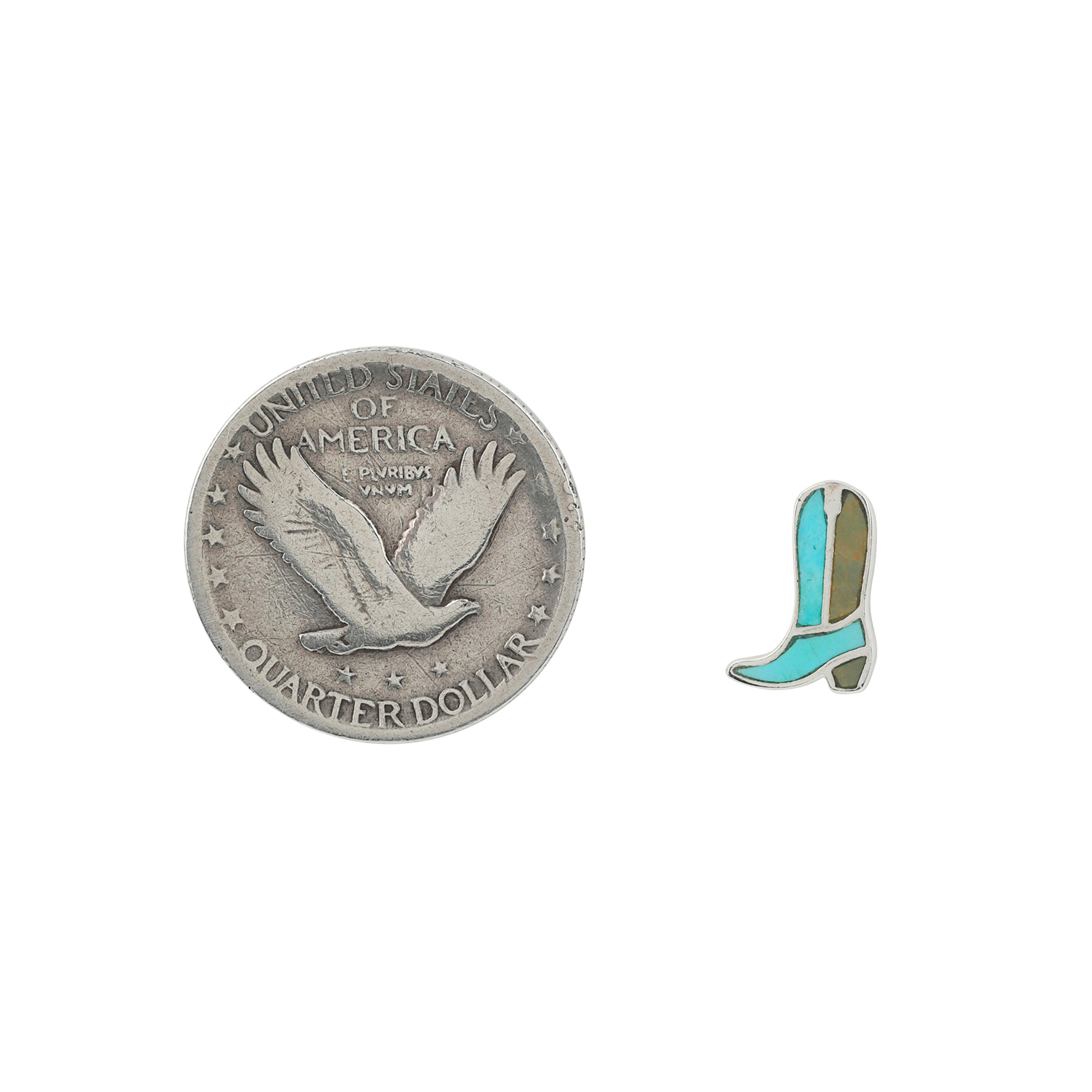 Sterling Silver cowboy boot stud earrings with green and bright blue Turquoise next to coin for scale