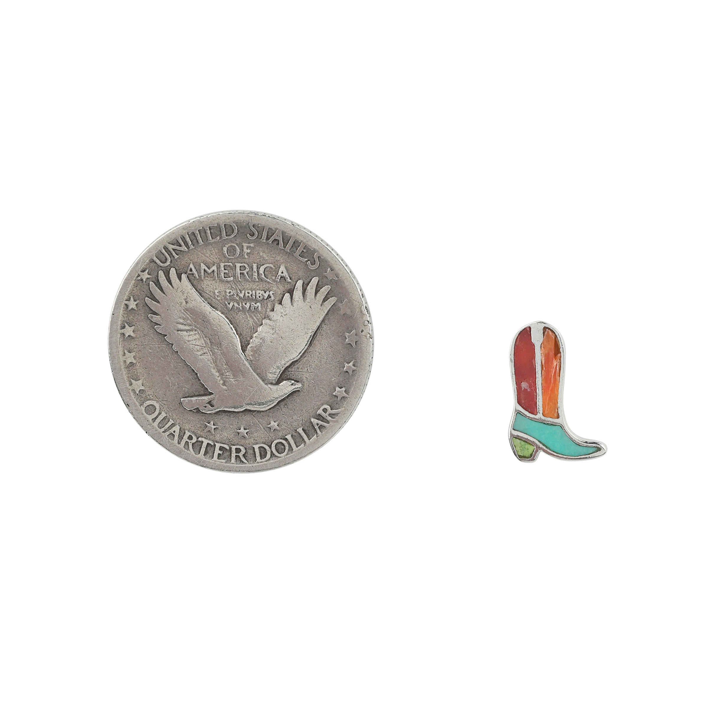 Sterling Silver cowboy boot stud earrings with multiple stone colors inlayed next to coin for scale