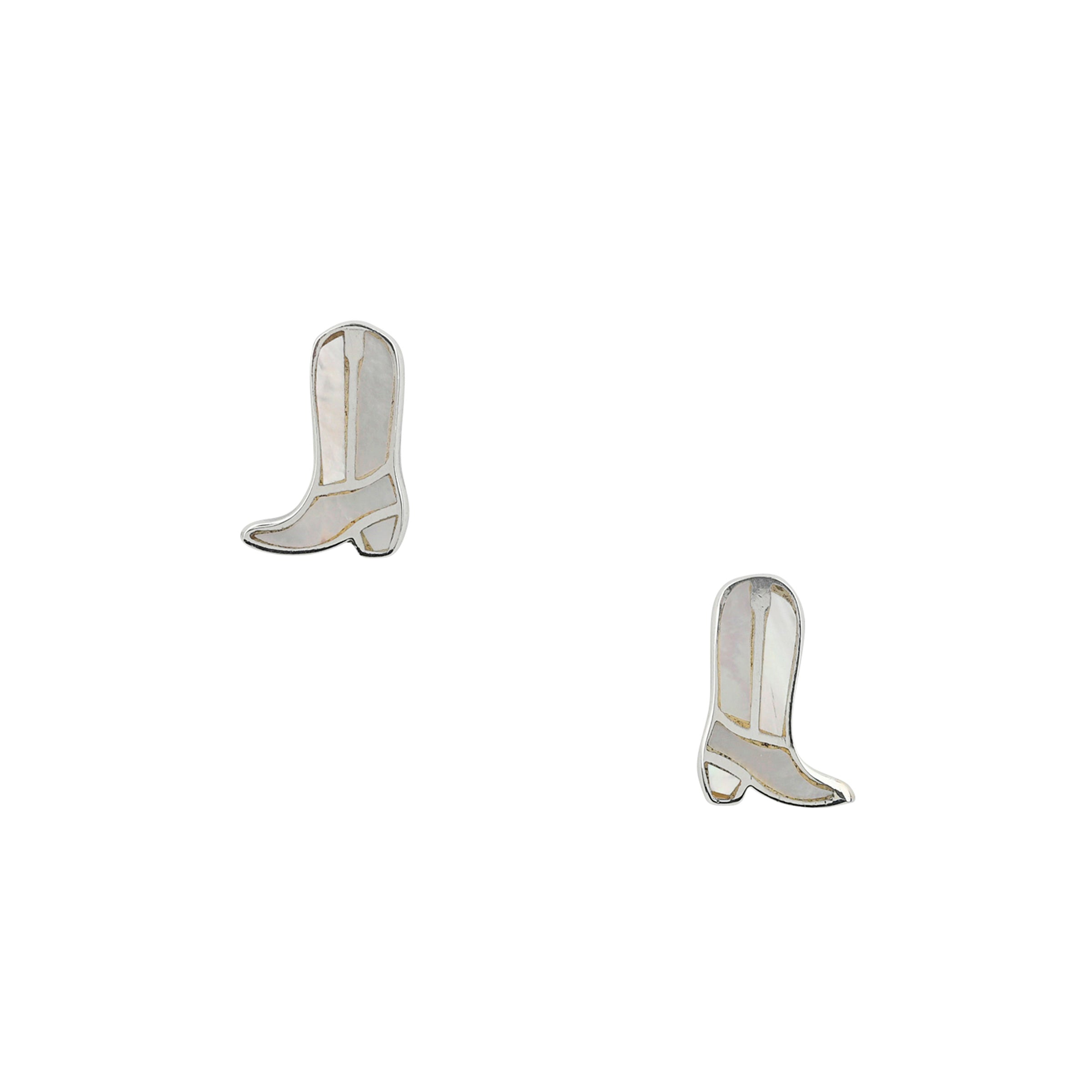 Sterling Silver cowboy boot stud earrings with Mother of Pearl stone inlay