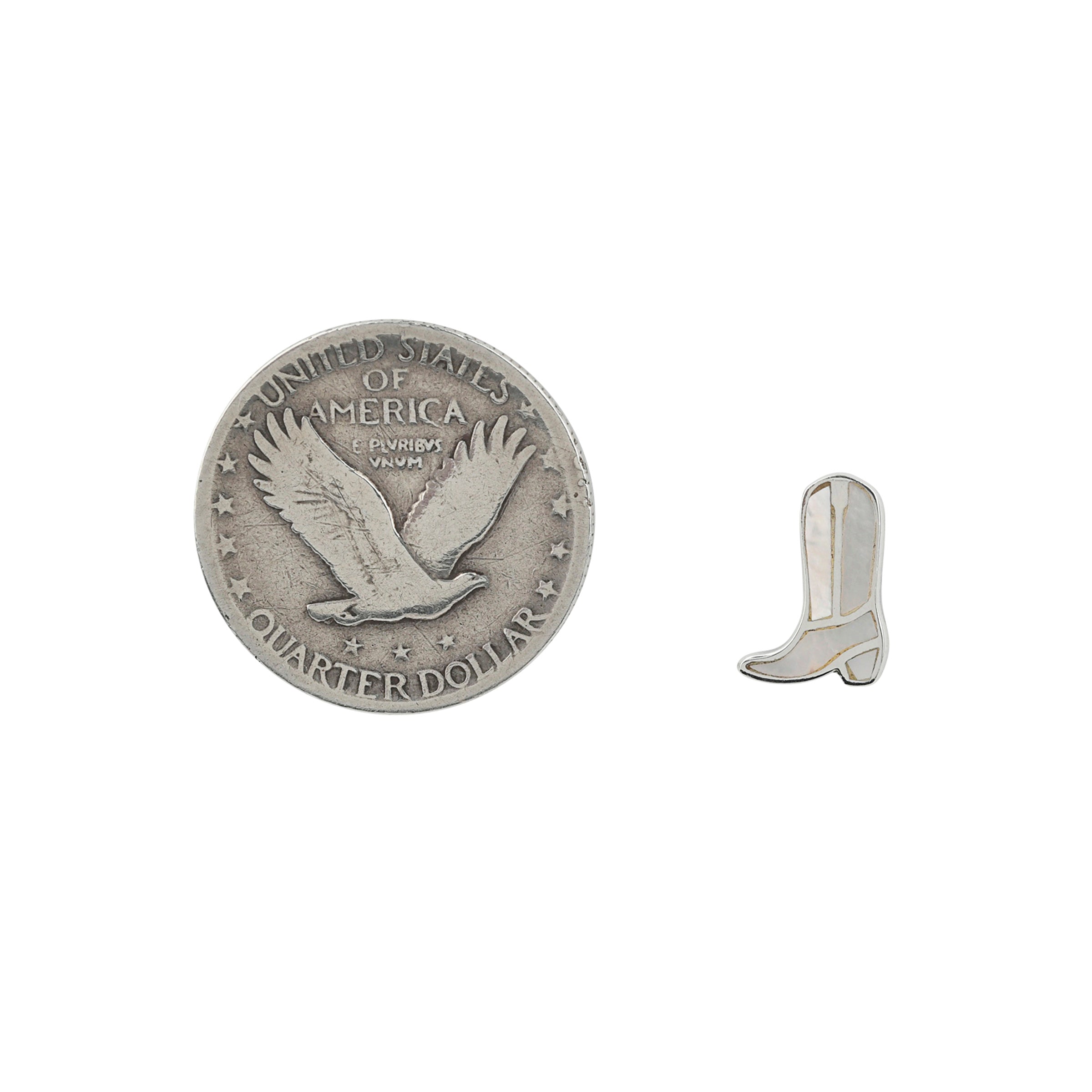 Sterling Silver cowboy boot stud earrings with Mother of Pearl stone inlay next to coin for scale