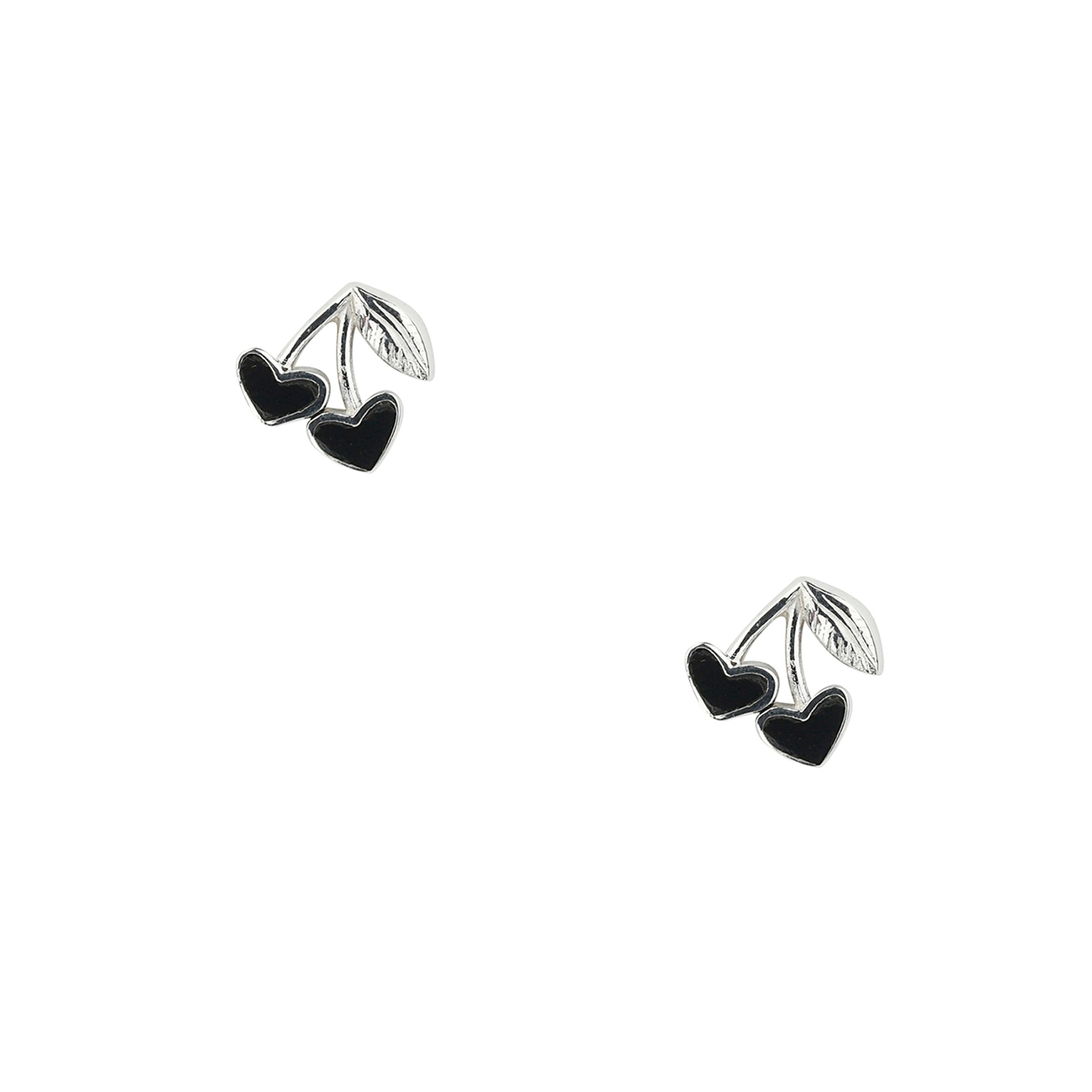 Sterling Silver cherry earrings with black onyx stone inlay.
