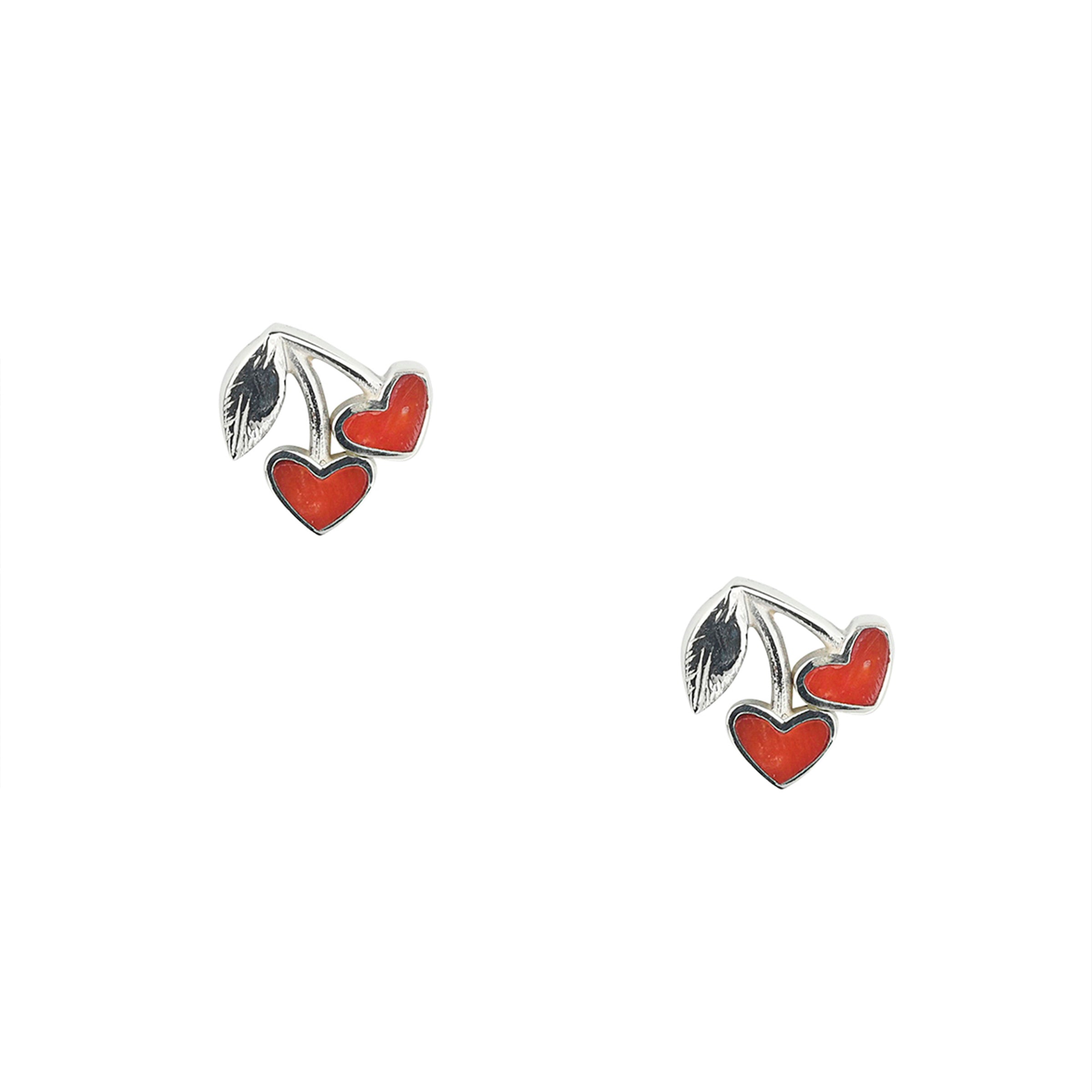 Sterling Silver cherry earrings with red coral stone inlay.