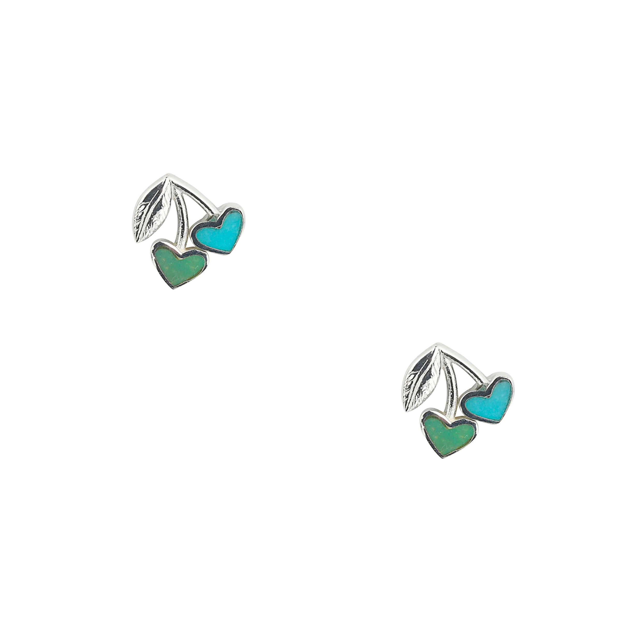 Sterling Silver cherry earrings with Blue Turquoise and Green Turquoise stone inlay.