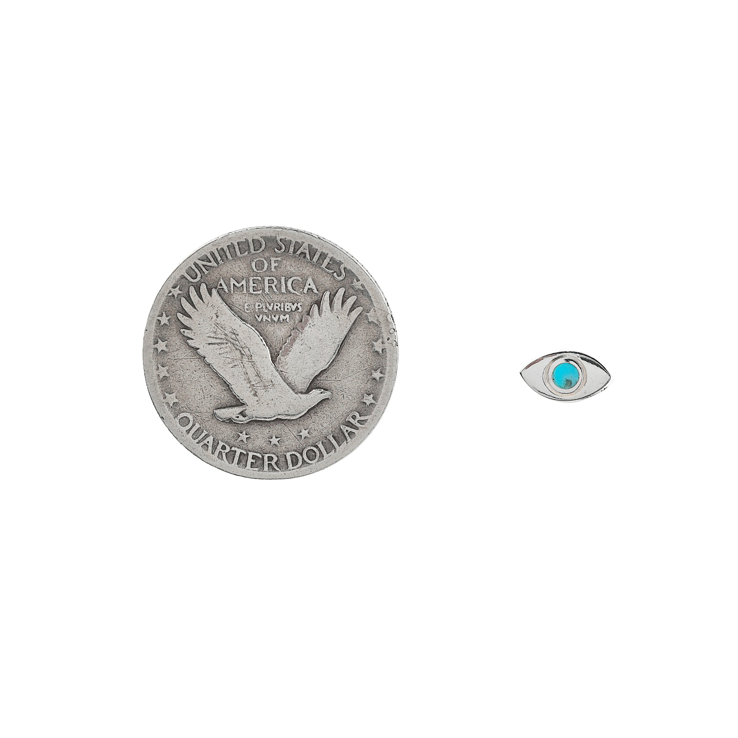 Pair of Sterling silver eye earrings with turquoise inlay in iris area next to coin for scale.