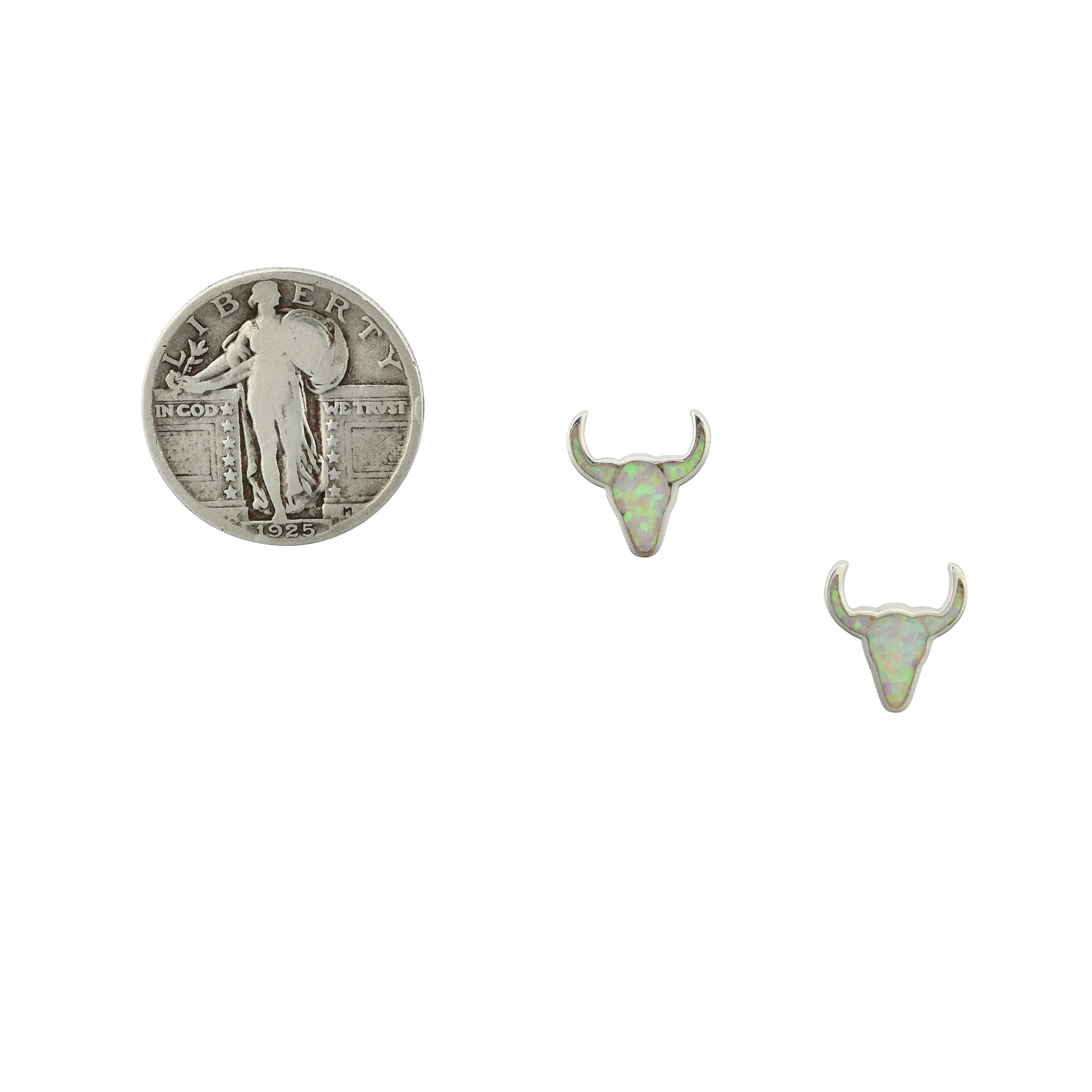 Sterling Silver Opal inlay longhorn earrings next to coin for scale.
