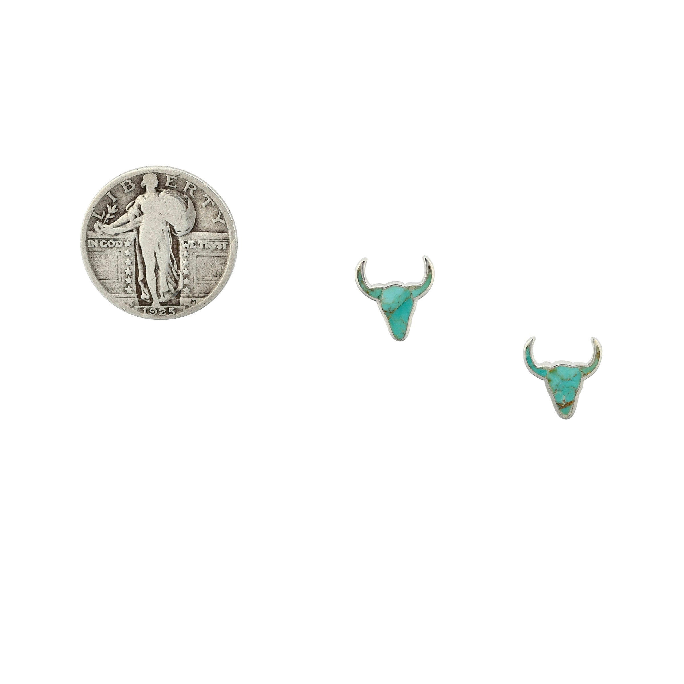 Sterling Silver Blue Turquoise inlay longhorn earrings next to coin for scale.