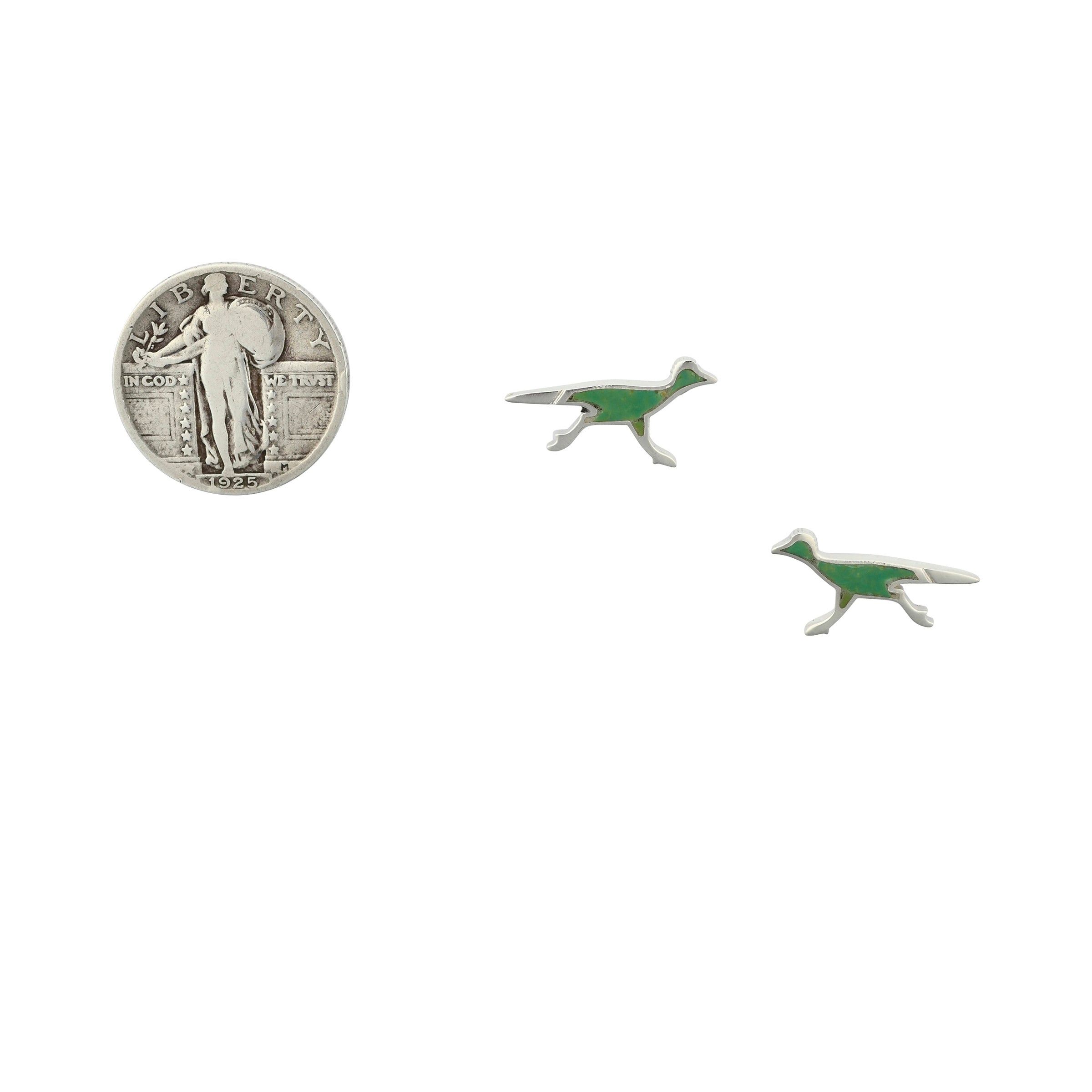 Sterling Silver Green Turquoise inlay roadrunner earrings next to coin for scale.
