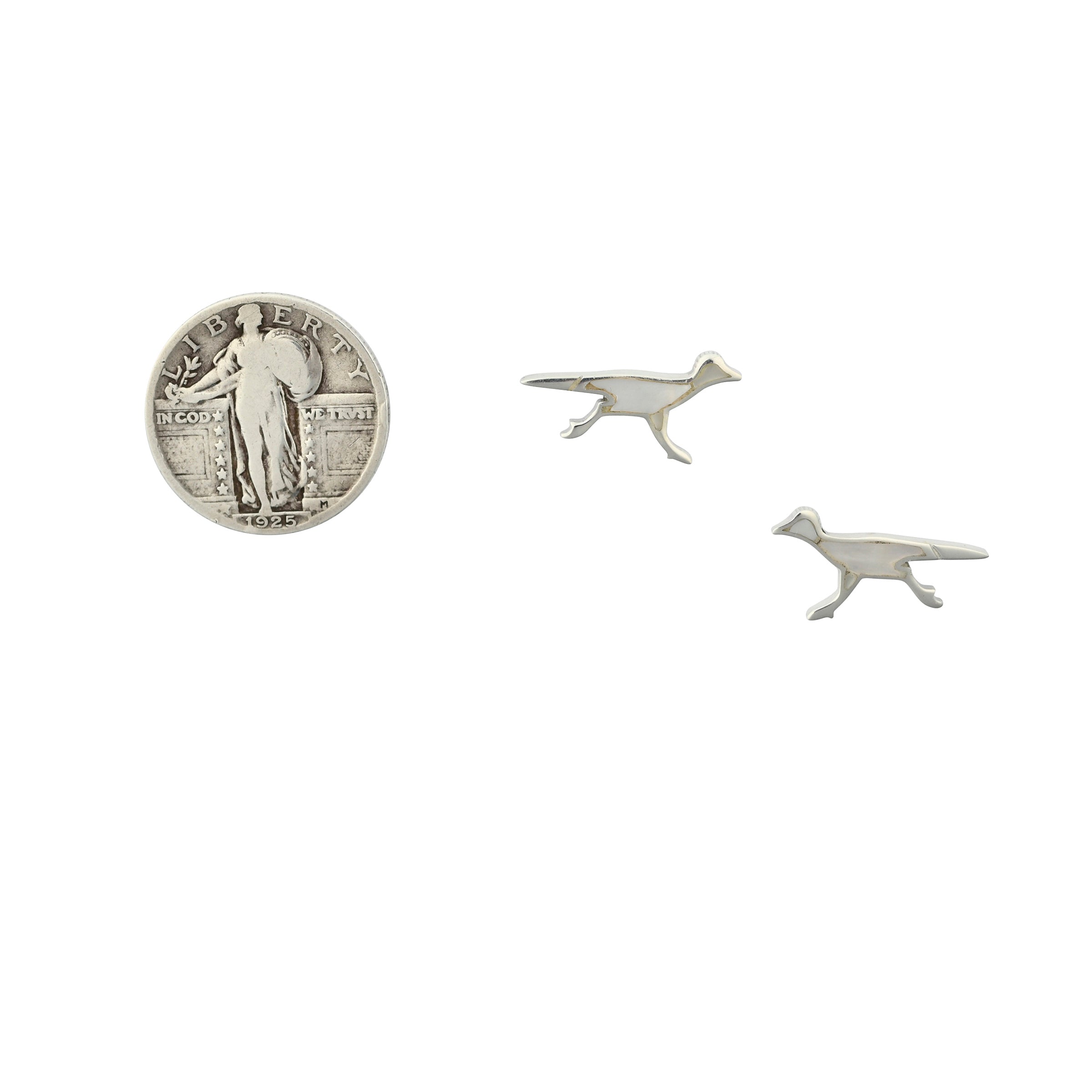 Sterling Silver Mother of Pearl inlay roadrunner earrings next to coin for scale.