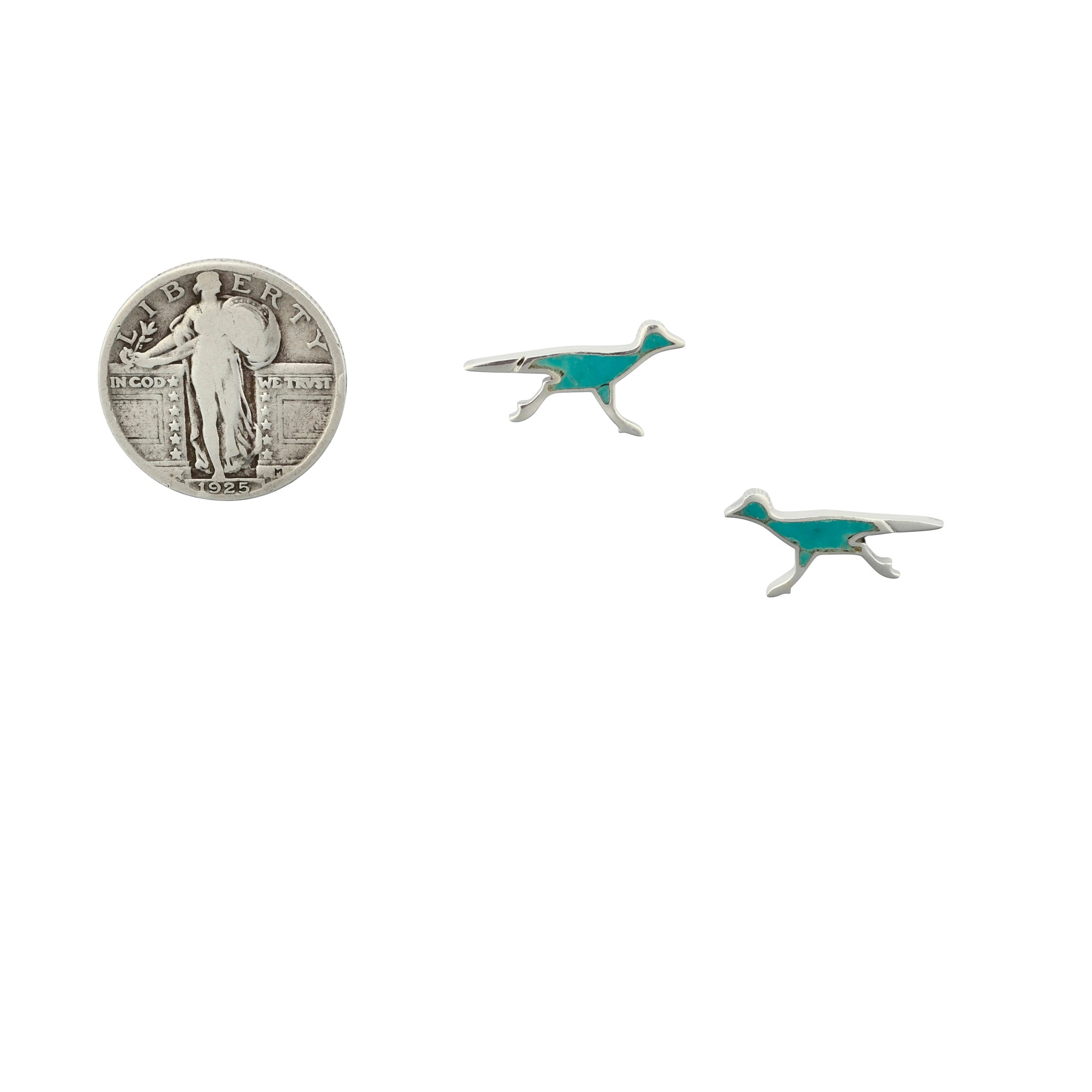 Sterling Silver Turquoise inlay roadrunner earrings next to coin for scale.