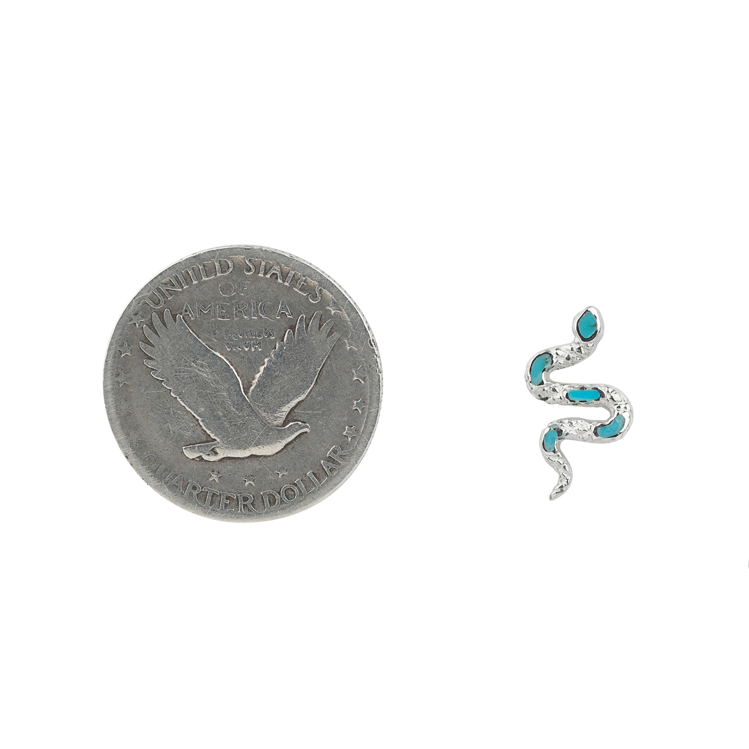 Textured Sterling Silver snake form earrings with Turquoise stone inlay next to coin for scale.