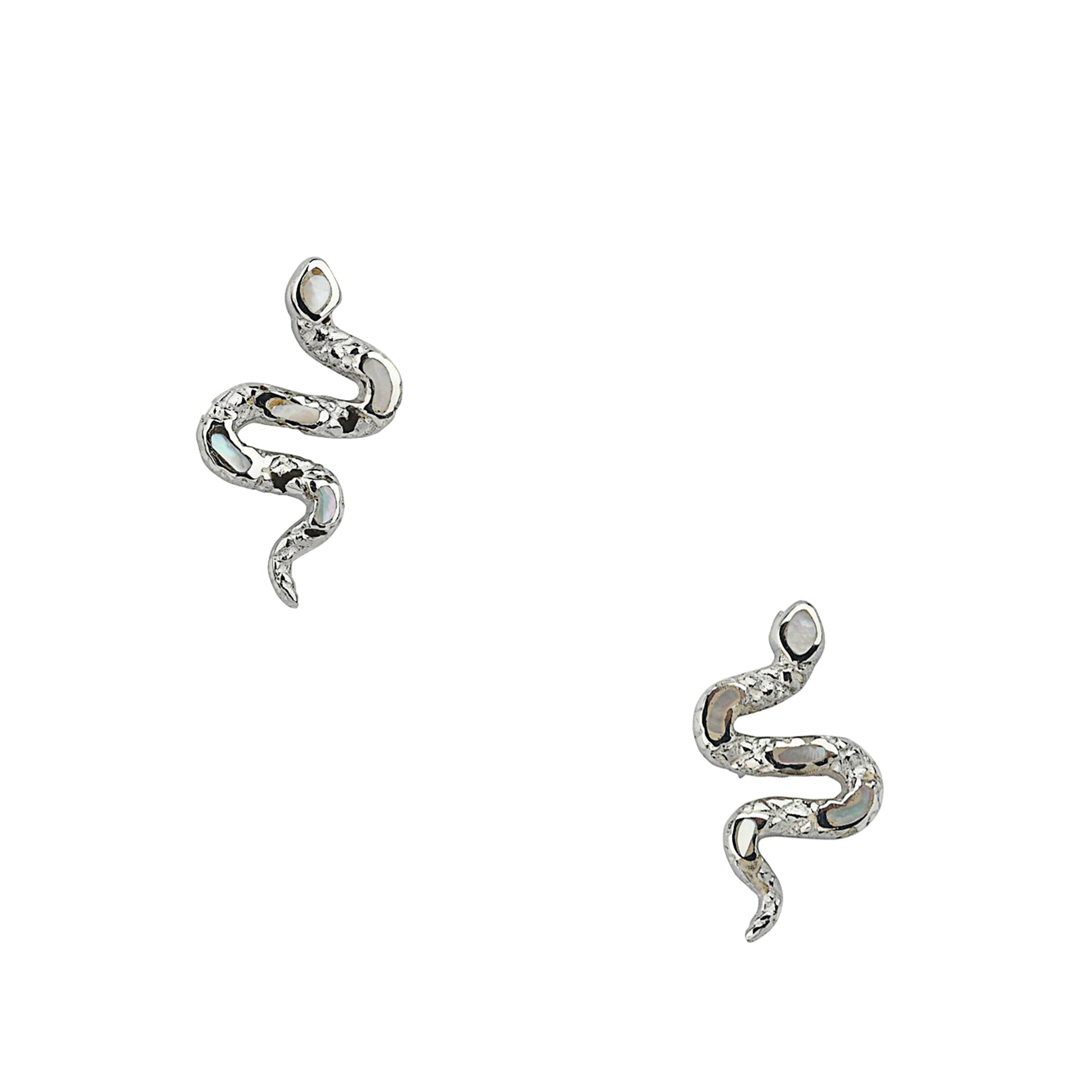 Textured Sterling Silver snake form earrings with mother of pearl stone inlay.