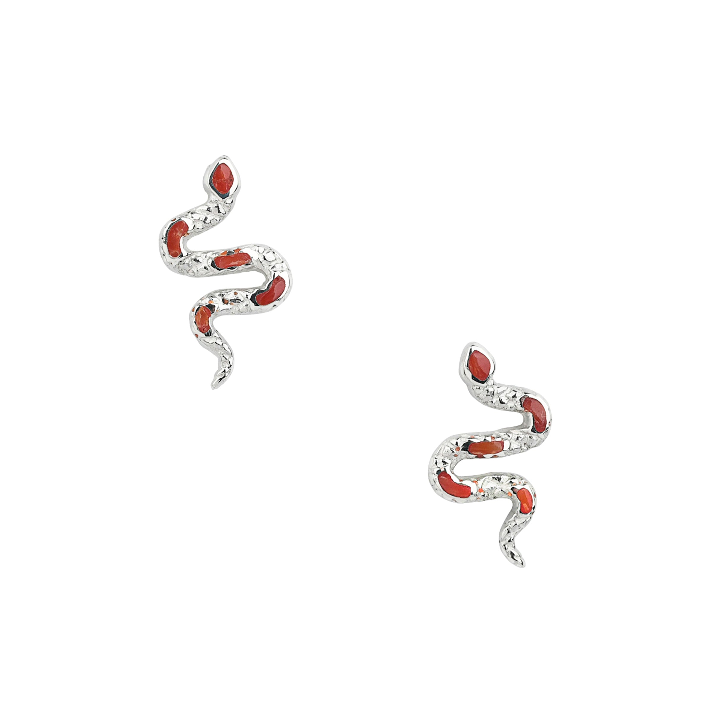 Textured Sterling Silver snake form earrings with Red Coral stone inlay.