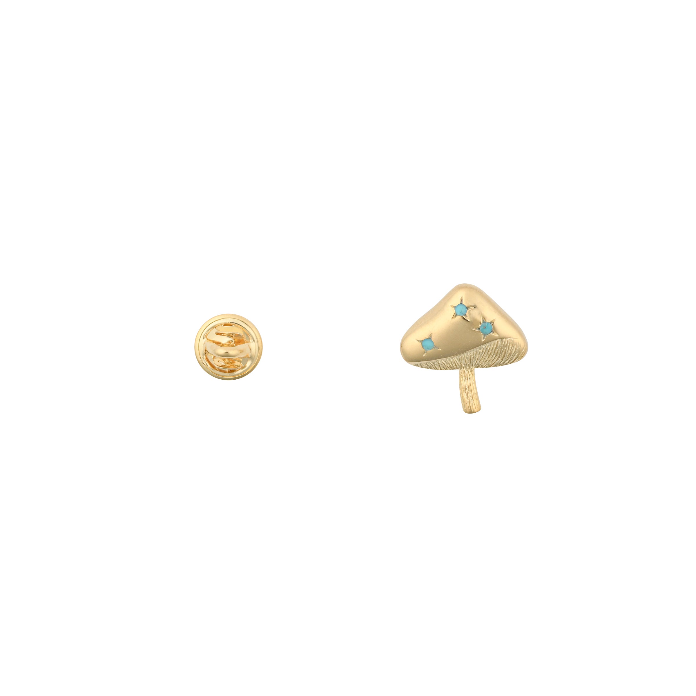 A 14k Gold Plated Mushroom Pin adorned with Blue Turquoise stars with a butterfly tie tack back.