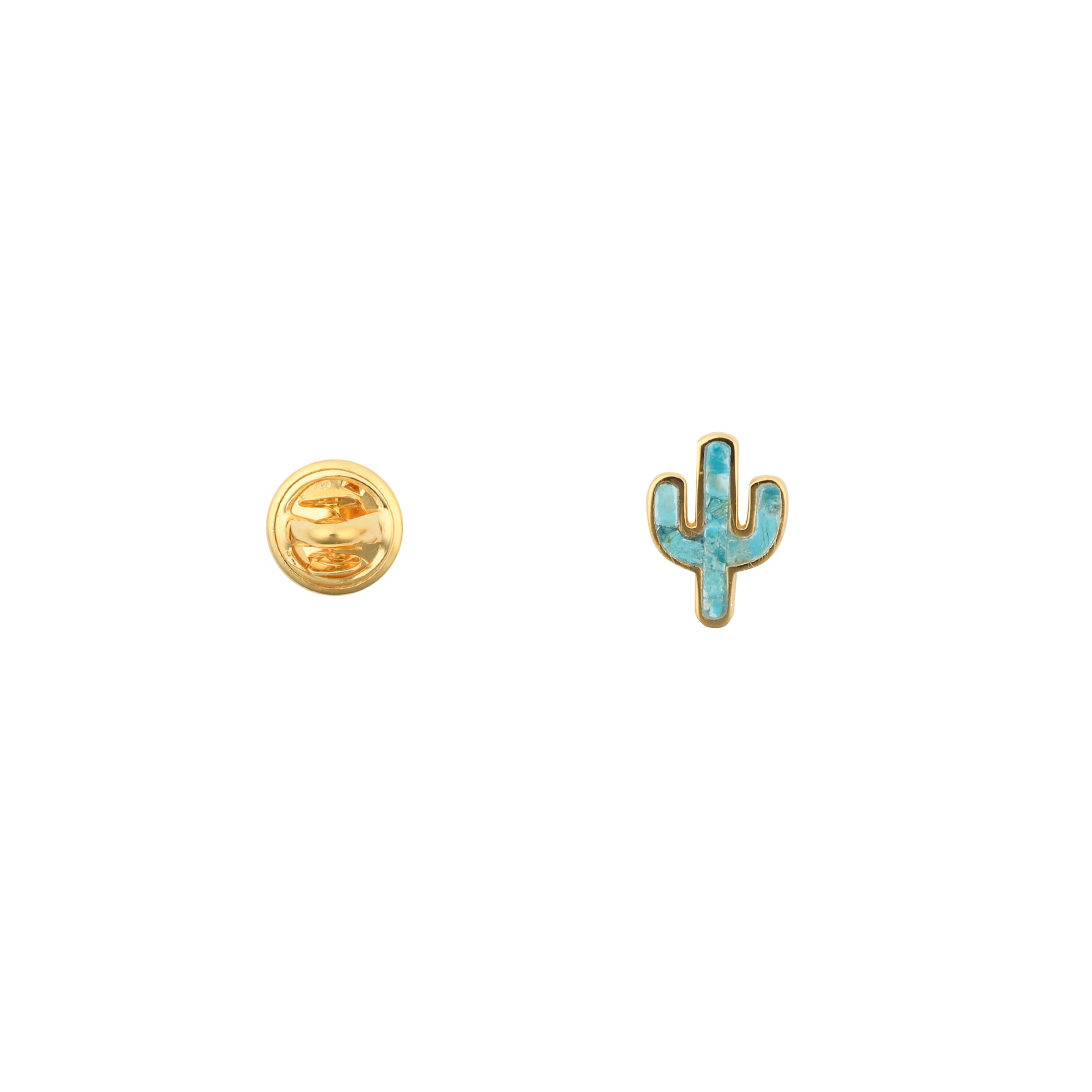 A traditional cactus pin made with Blue Turquoise inlayed in 14k Gold Plate.