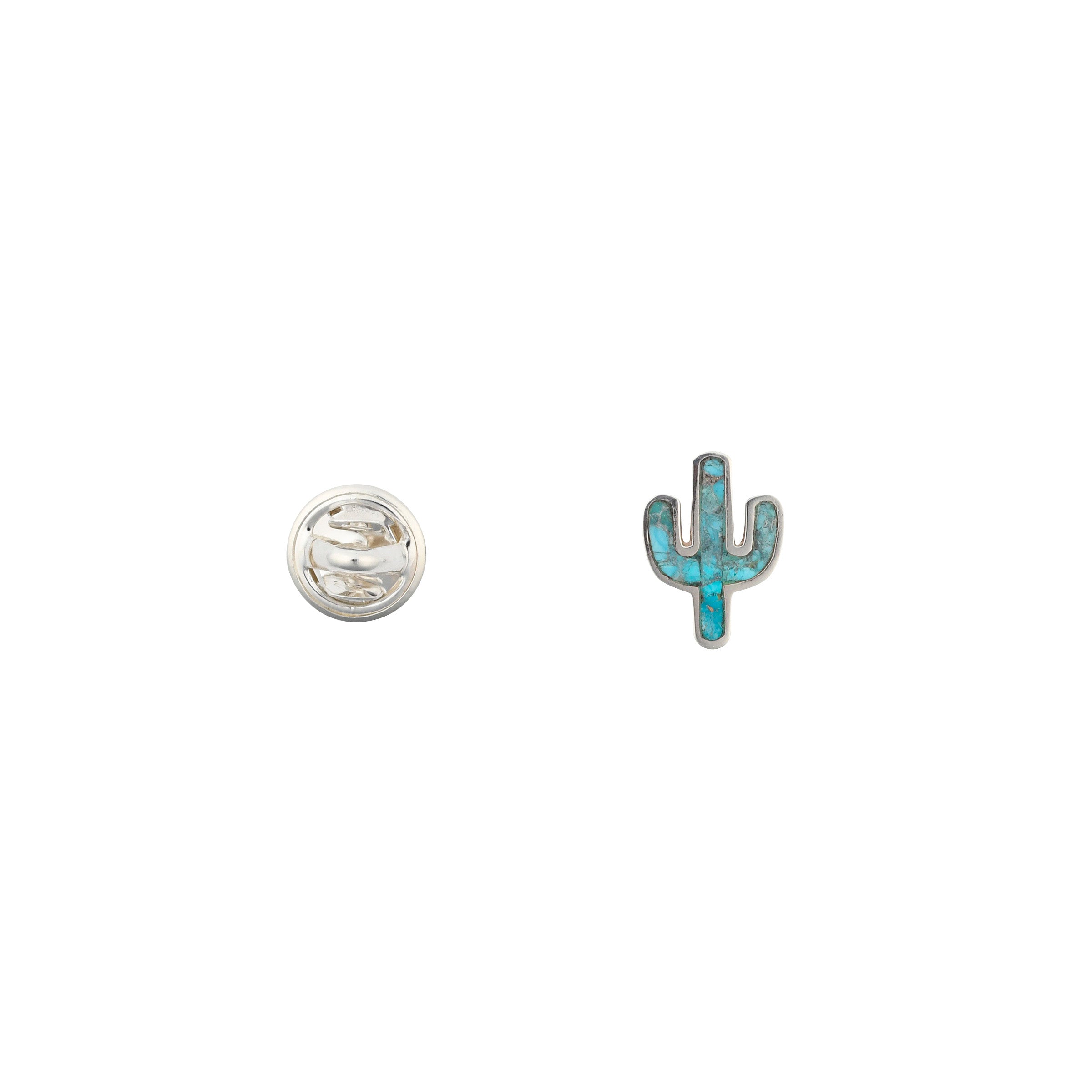 A traditional cactus pin made with Blue Turquoise inlayed in Sterling Silver.