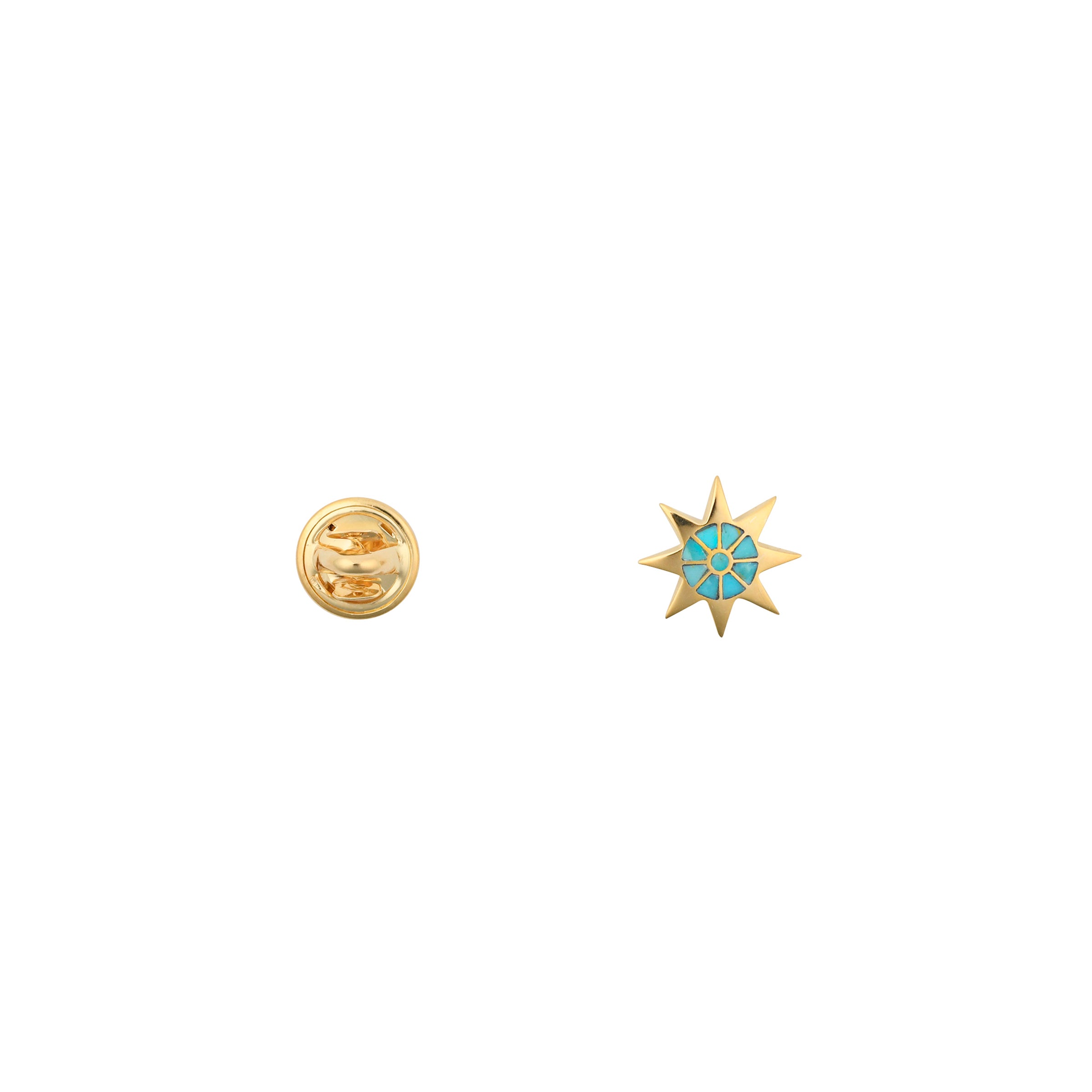 An 8 point star pin intricately inlayed with Blue Turquoise in 14k Gold Plate