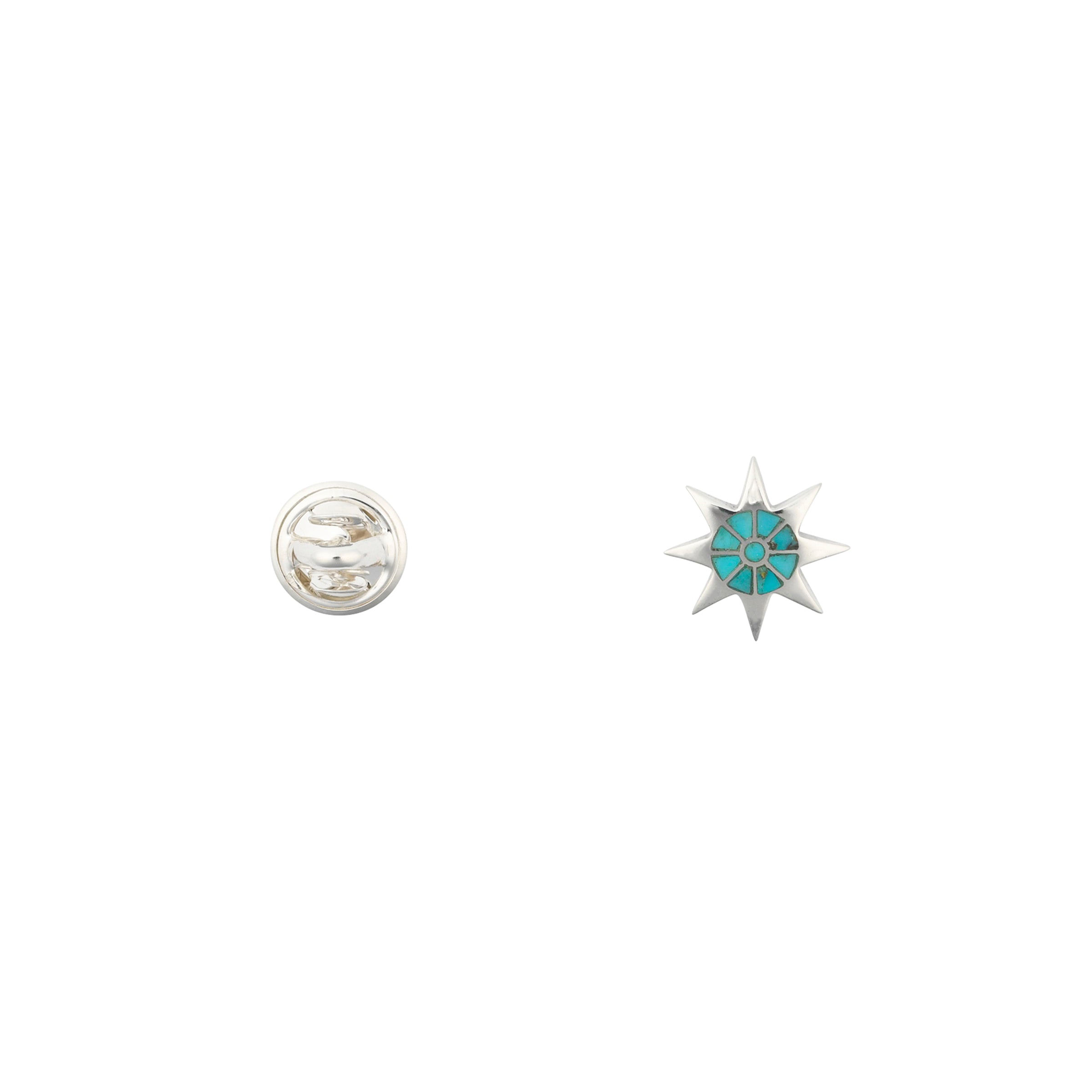 An 8 point star pin intricately inlayed with Blue Turquoise in Sterling Silver