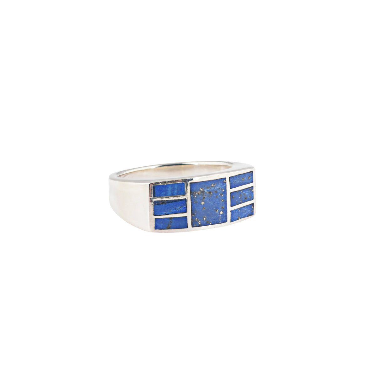 A sterling silver ring with geometric rectangular blue turquoise stone inlays.