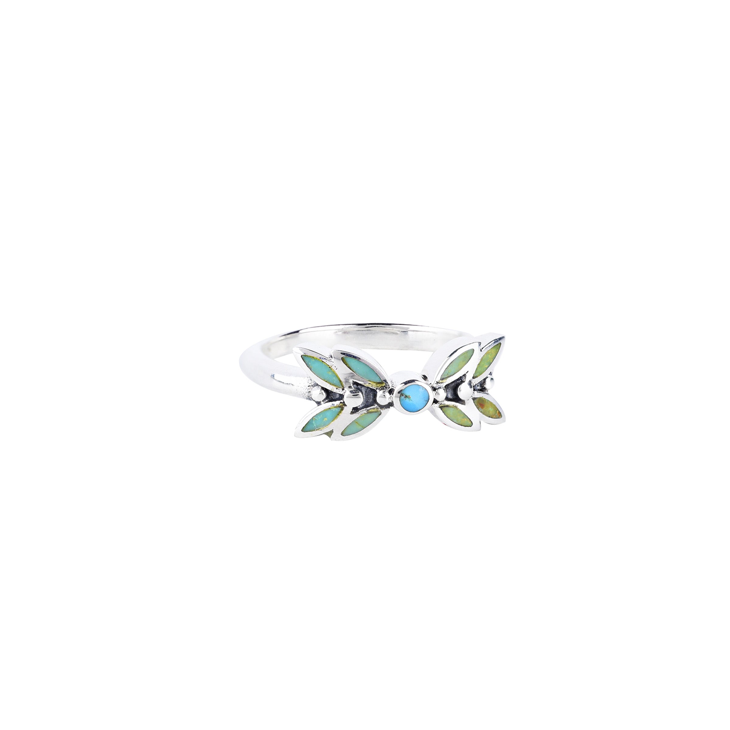 A Sterling Silver Ring with inlayed Green Turquoise leaves and a Blue Turquoise, round center