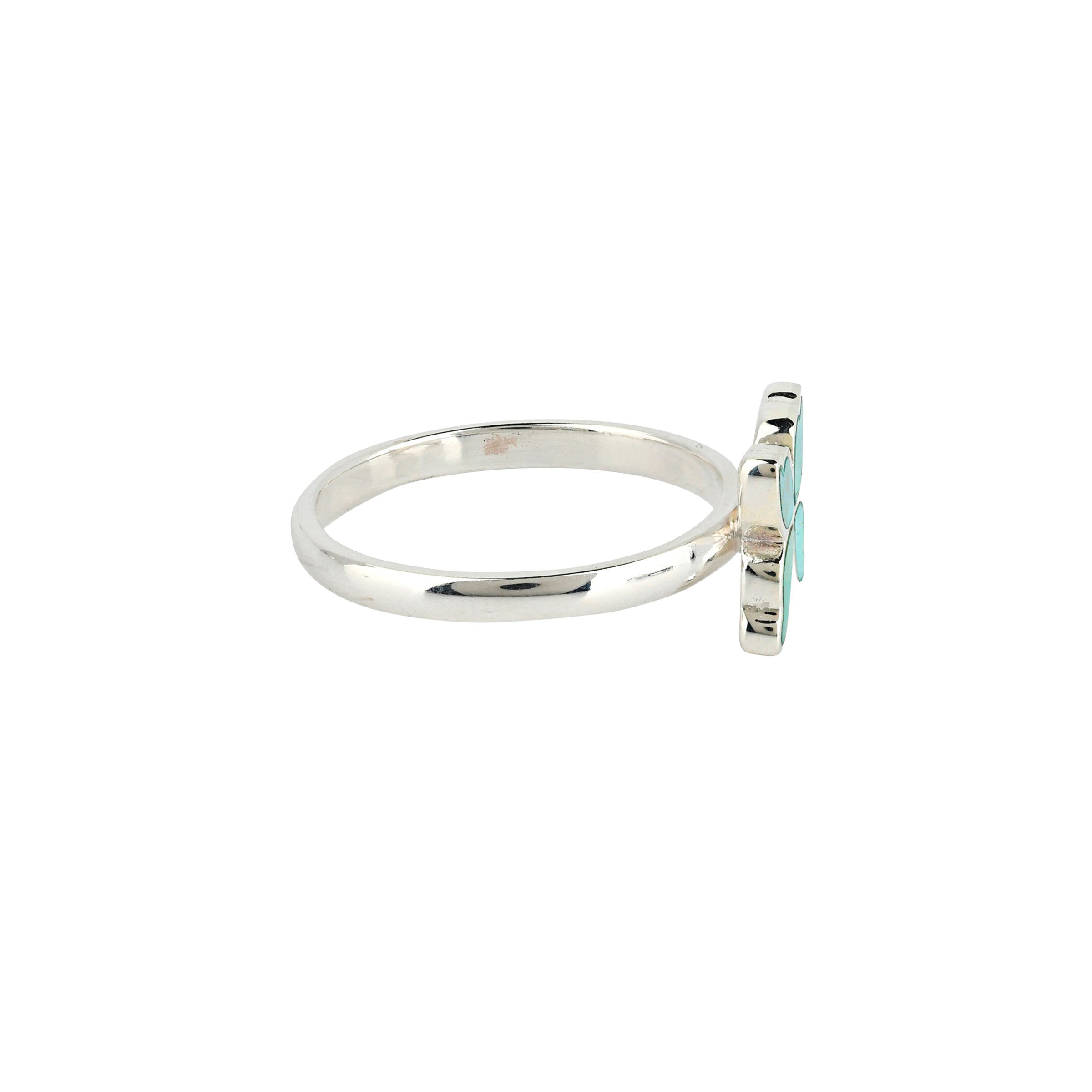 Sterling Silver and Turquoise inlay ring in Butterfly design side view.