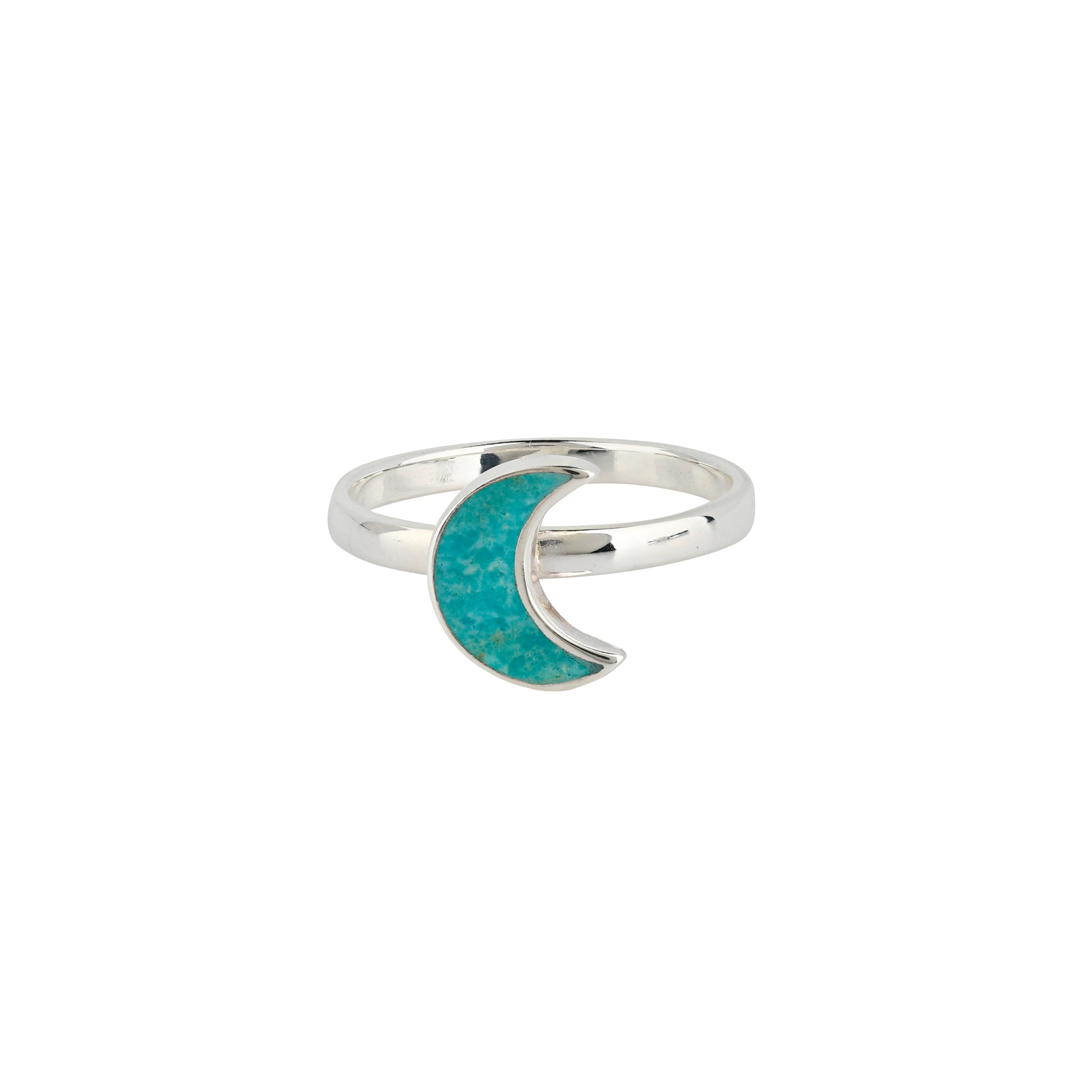 Sterling Silver band ring with crescent shaped moon design in turquoise stone
