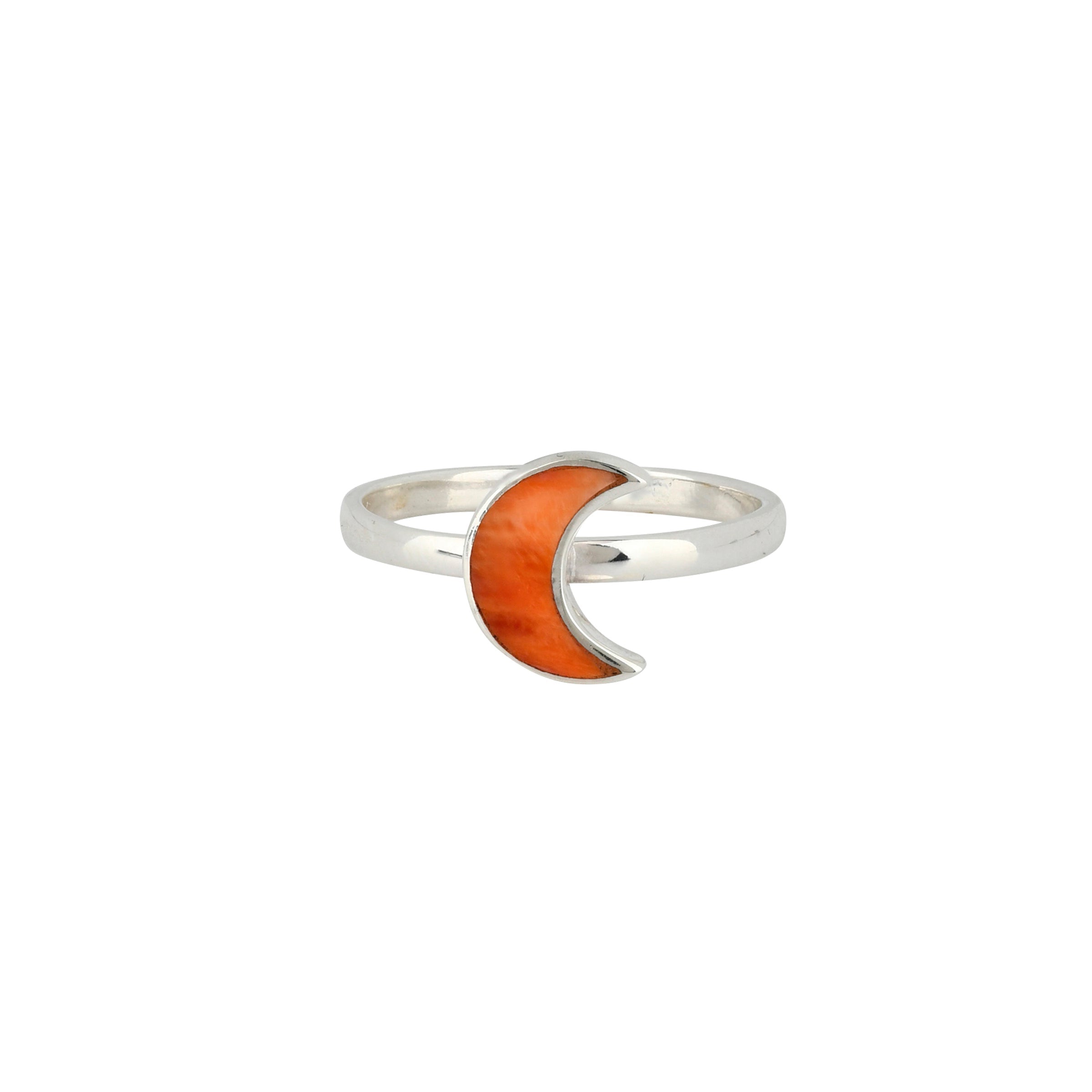 Sterling Silver band ring with crescent shaped moon design in Orange Spiny Oyster Shell stone.