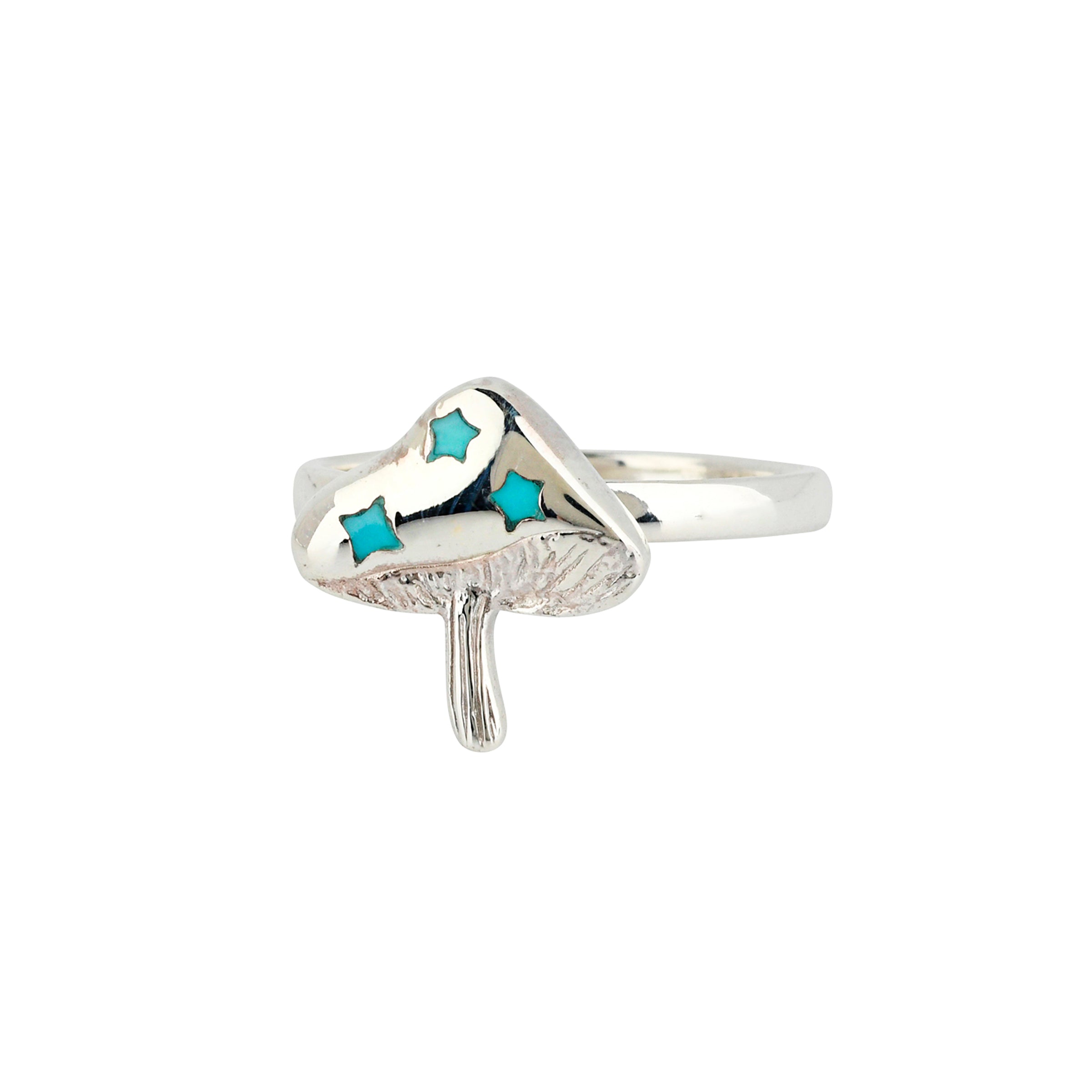 Sterling Silver ring with mushroom design and small circular Turquoise stone inlay.