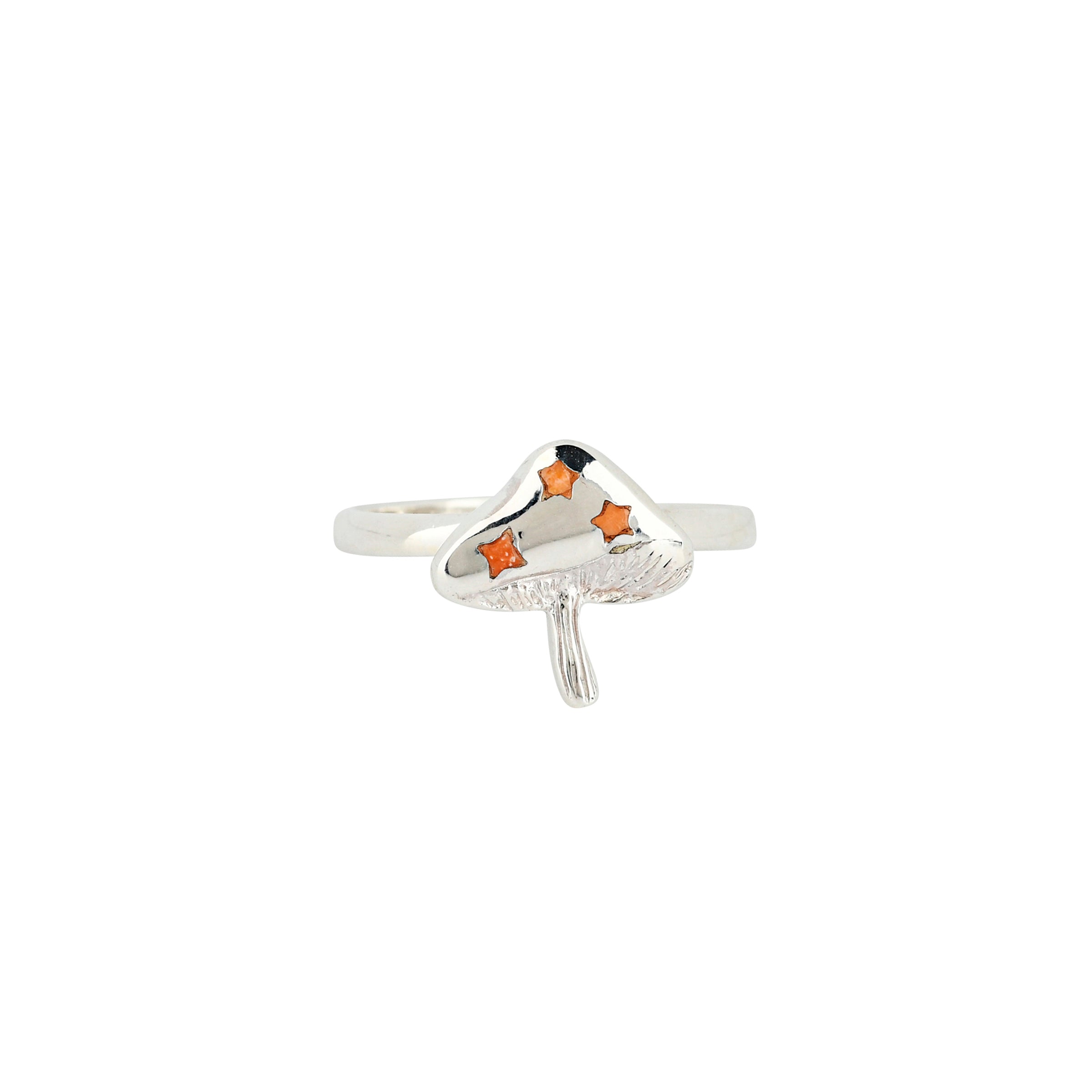 Sterling Silver ring with mushroom design and small circular Orange Spiny Oyster Shell stone inlay.