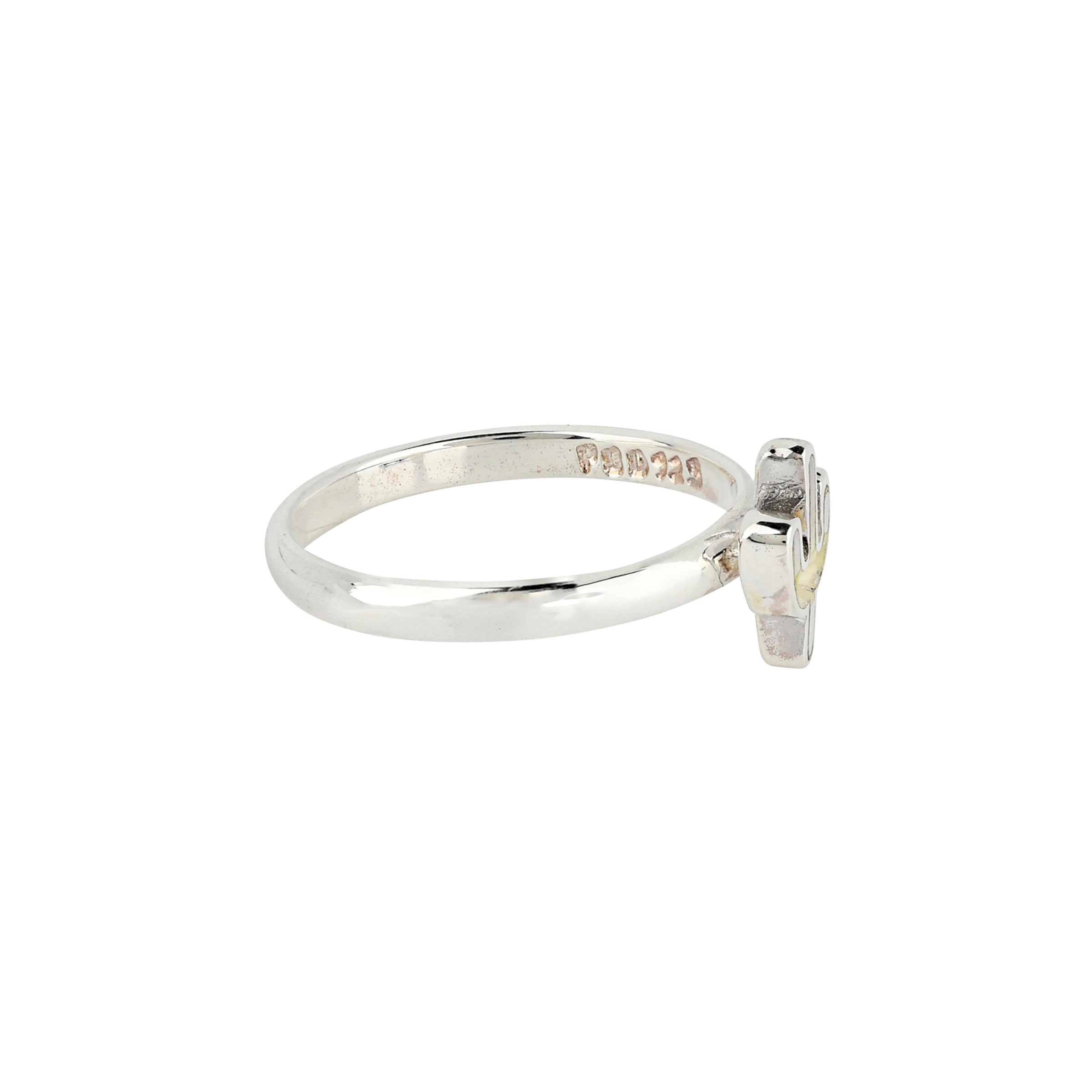 Sterling Silver ring with cactus design in Mother of Pearl side view.