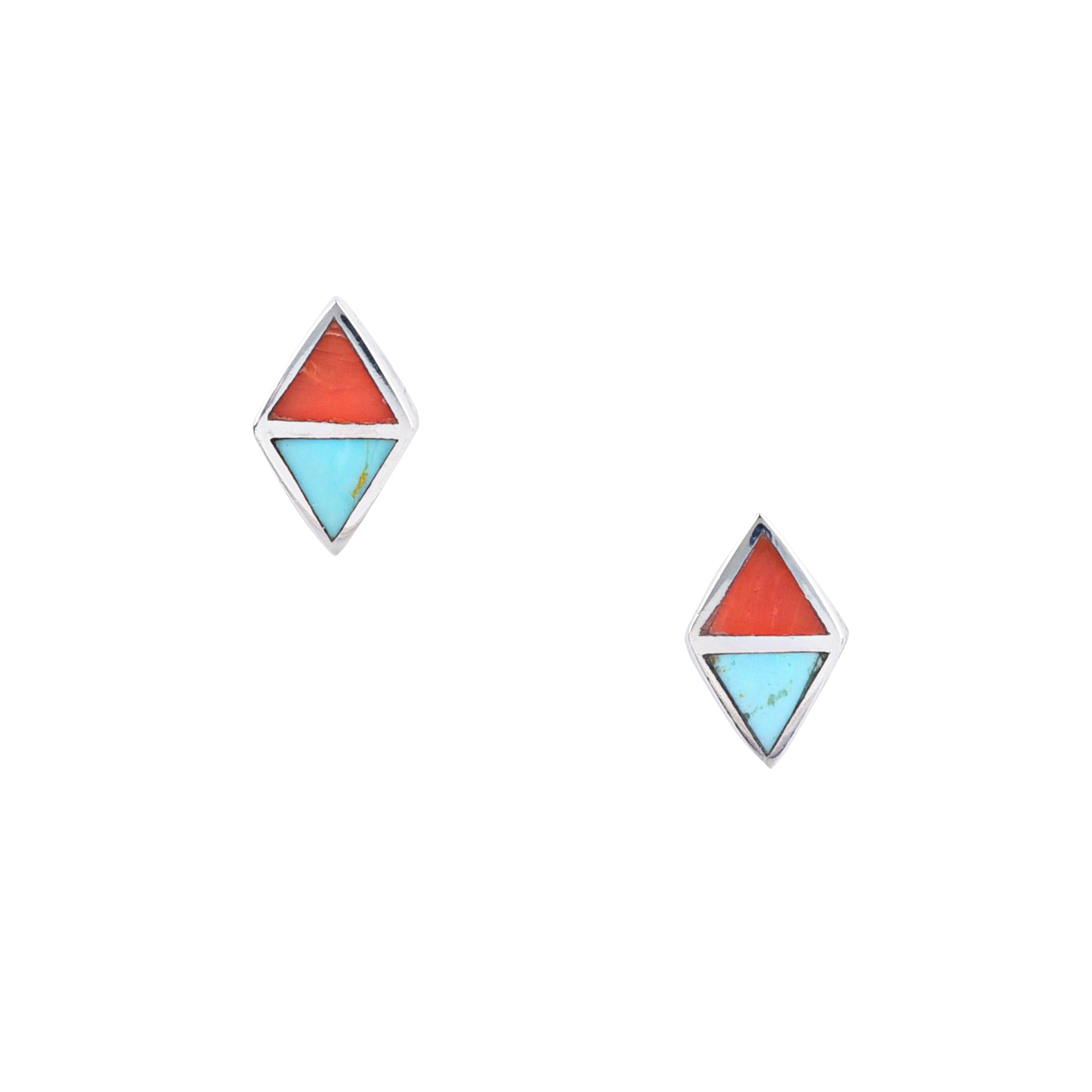 A pair of symmetrical sterling silver earrings with blue turquoise and red coral stones from the Peyote Bird Bird and Arrow collection.