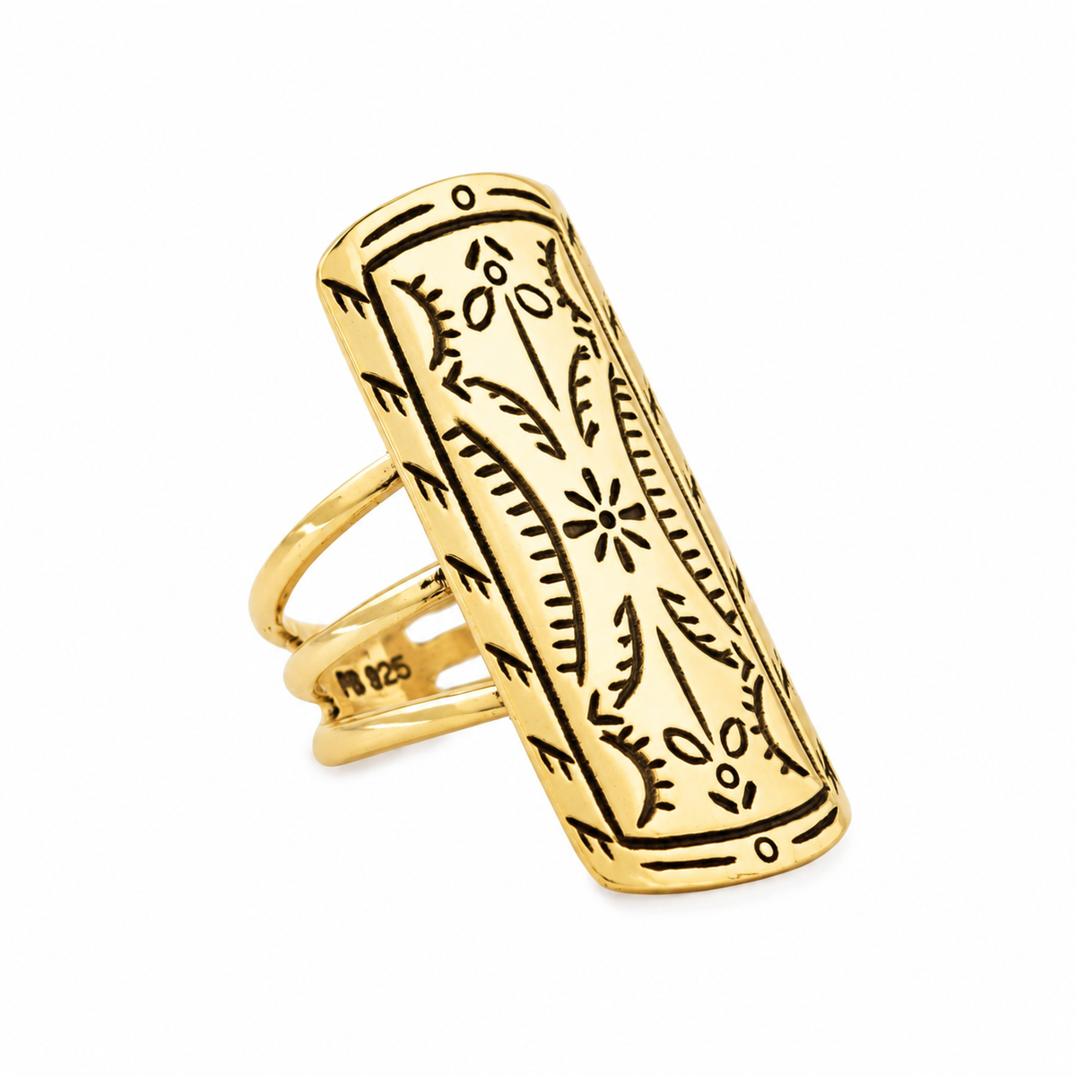 A 14K gold plated shield ring with a geometric floral pattern, featuring a split shank band design.