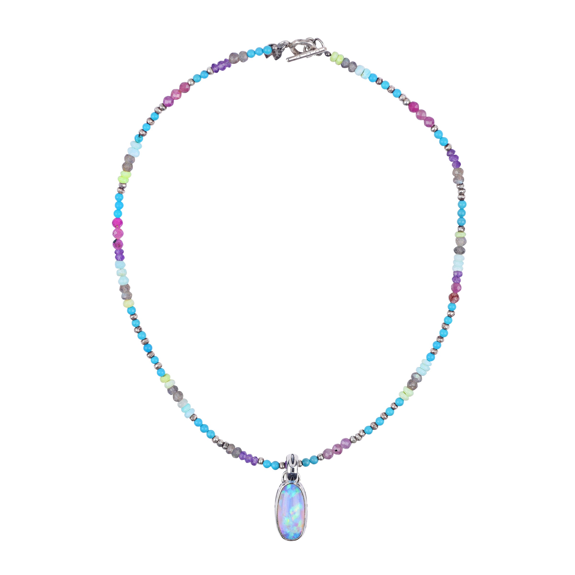 The Nebula Necklace is a Peyote Bird Original. Featuring sterling silver, blue turquoise, opal, amazonite, amethyst, and labradorite beads. With a fire opal pendant in sterling silver. Made in USA.