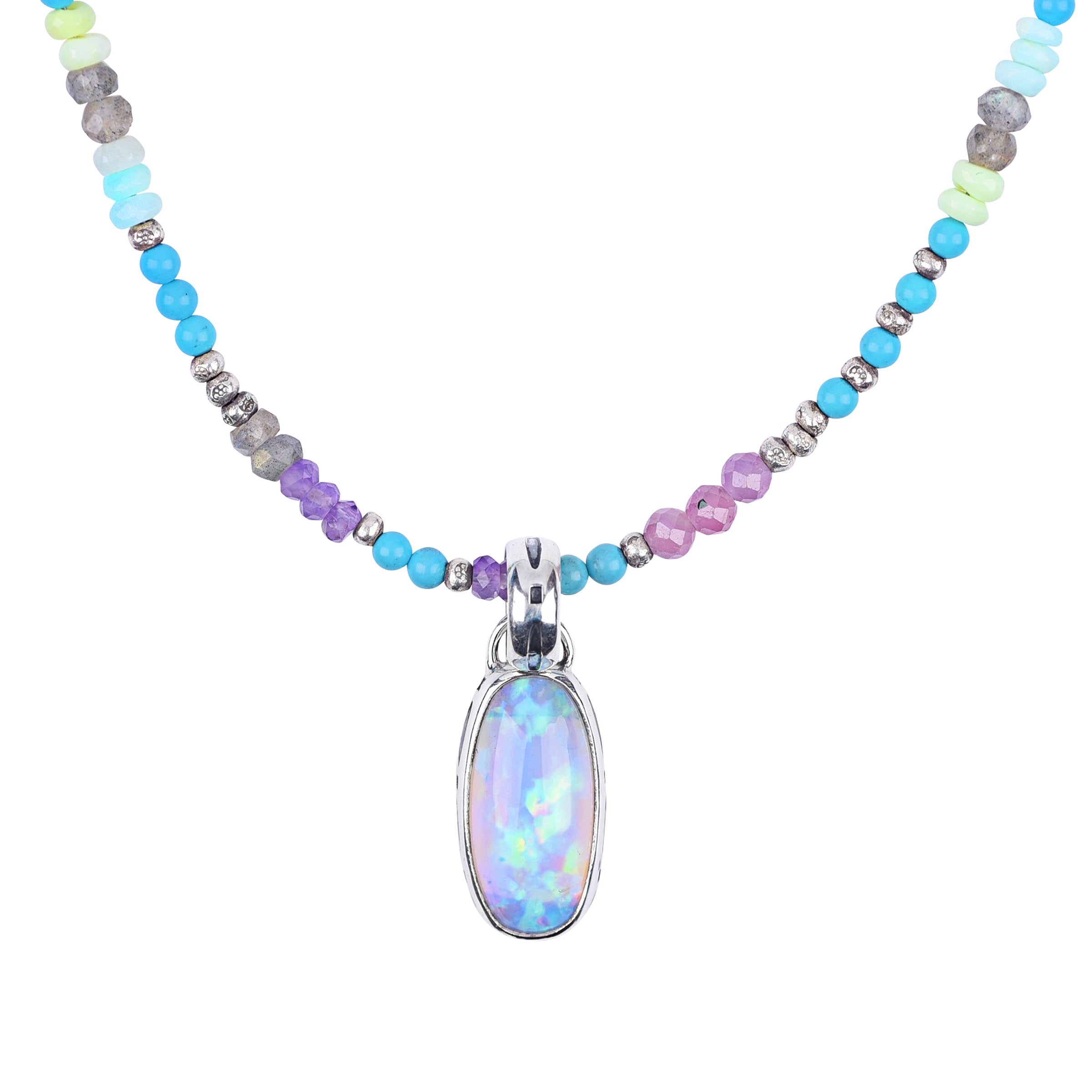 The Nebula Necklace is a Peyote Bird Original. Featuring sterling silver, blue turquoise, opal, amazonite, amethyst, and labradorite beads. With a fire opal pendant in sterling silver. Made in USA.
