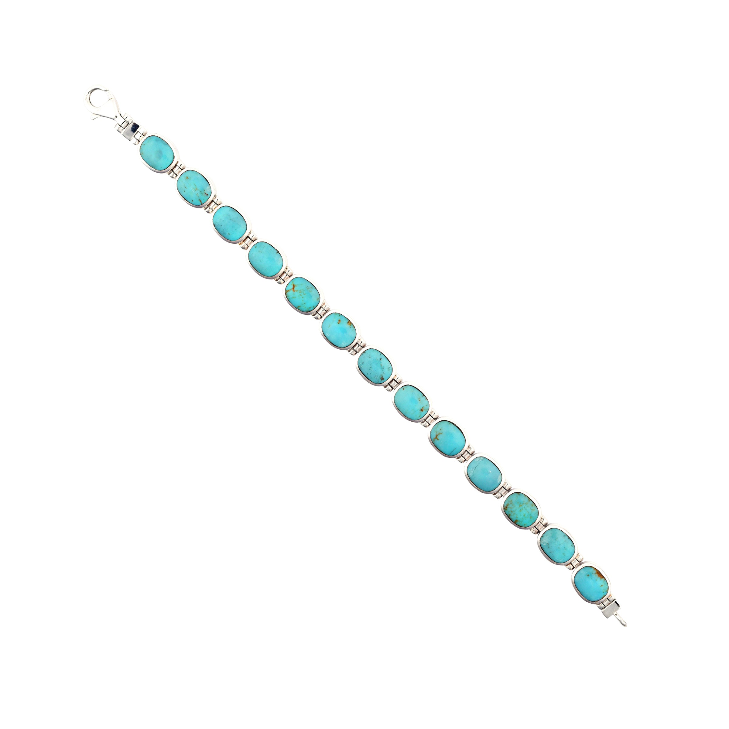 A sterling silver bracelet with turquoise stone inlay, featuring an oval shape and a length of 7 inches.