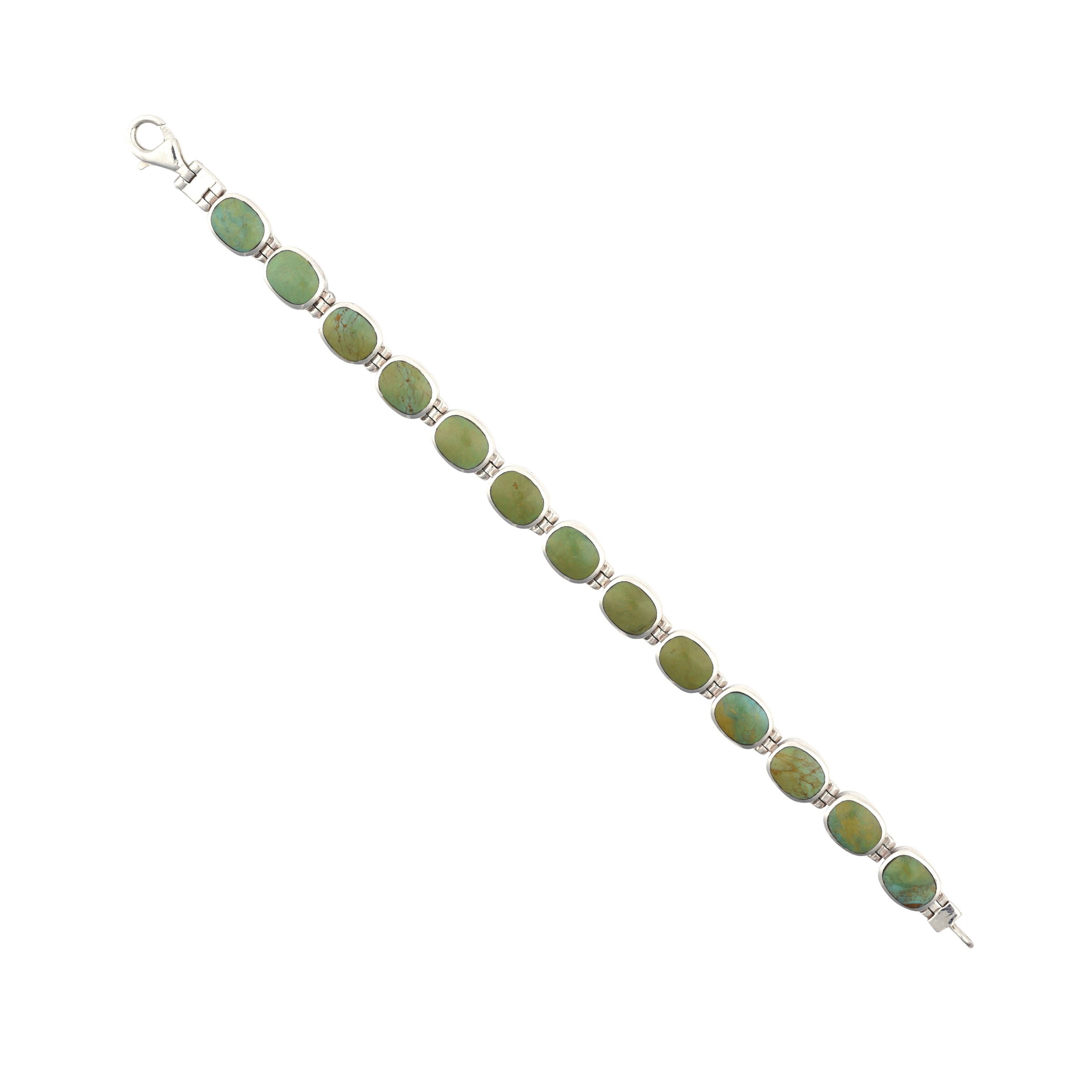 A sterling silver bracelet with green turquoise stone inlay, featuring an oval shape and a length of 7 inches.