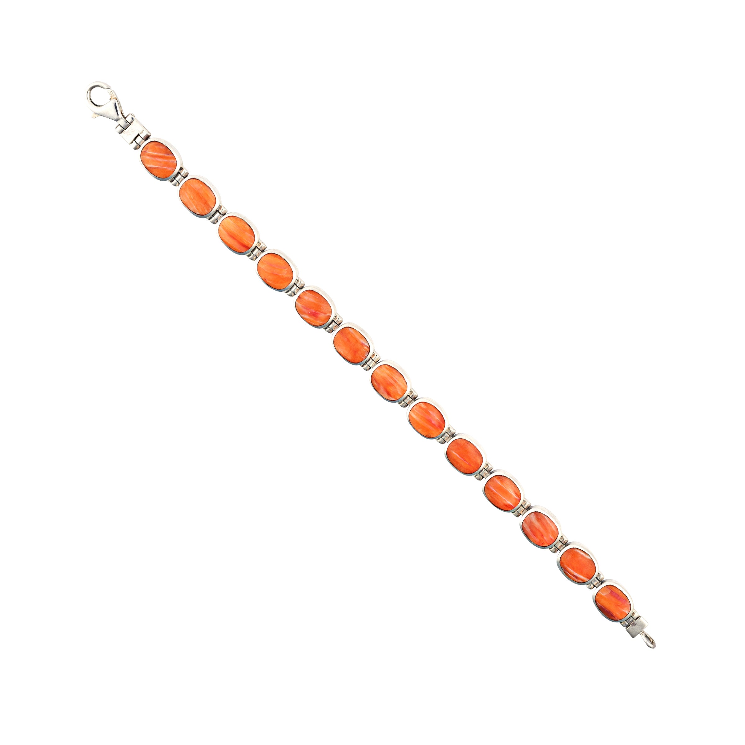 A sterling silver bracelet with orange spiny oyster shell inlay, featuring an oval shape and a length of 7 inches.