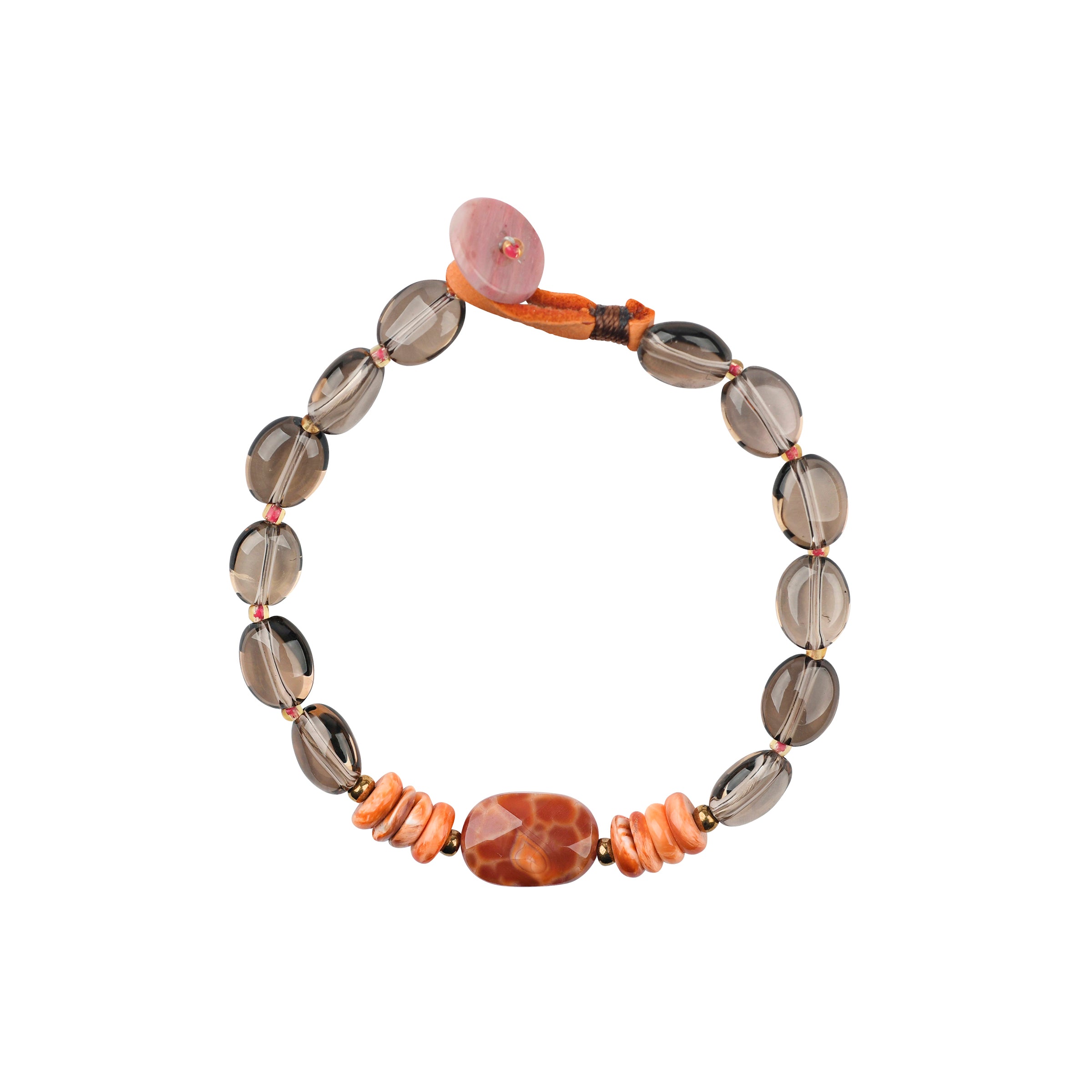 Smoky quartz and orange spiny oyster shell beaded bracelet with pink jasper button closure and deerskin leather loop.