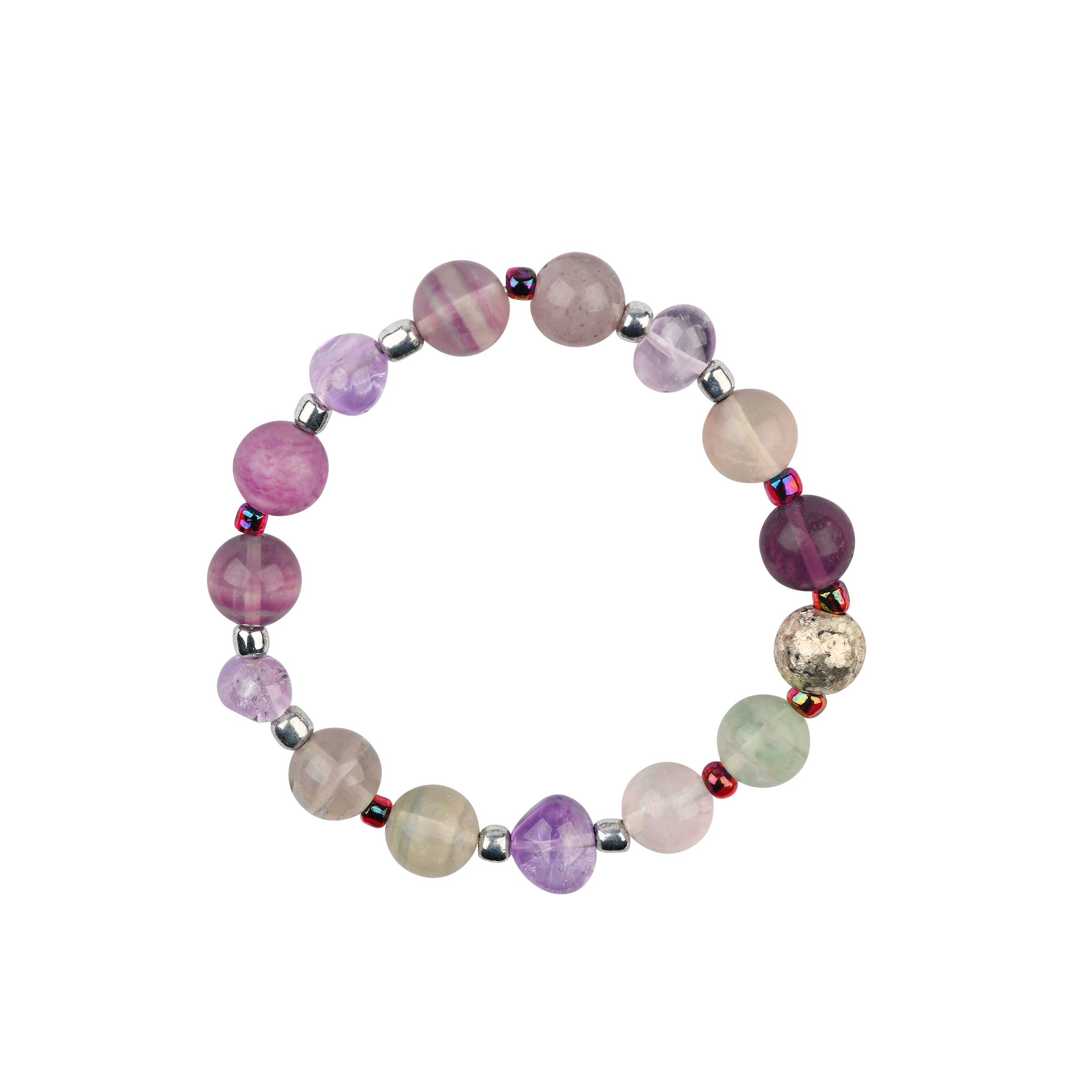 Glass, Amethyst, and Fluorite beaded stretch bracelet in Purple's and milky white colors