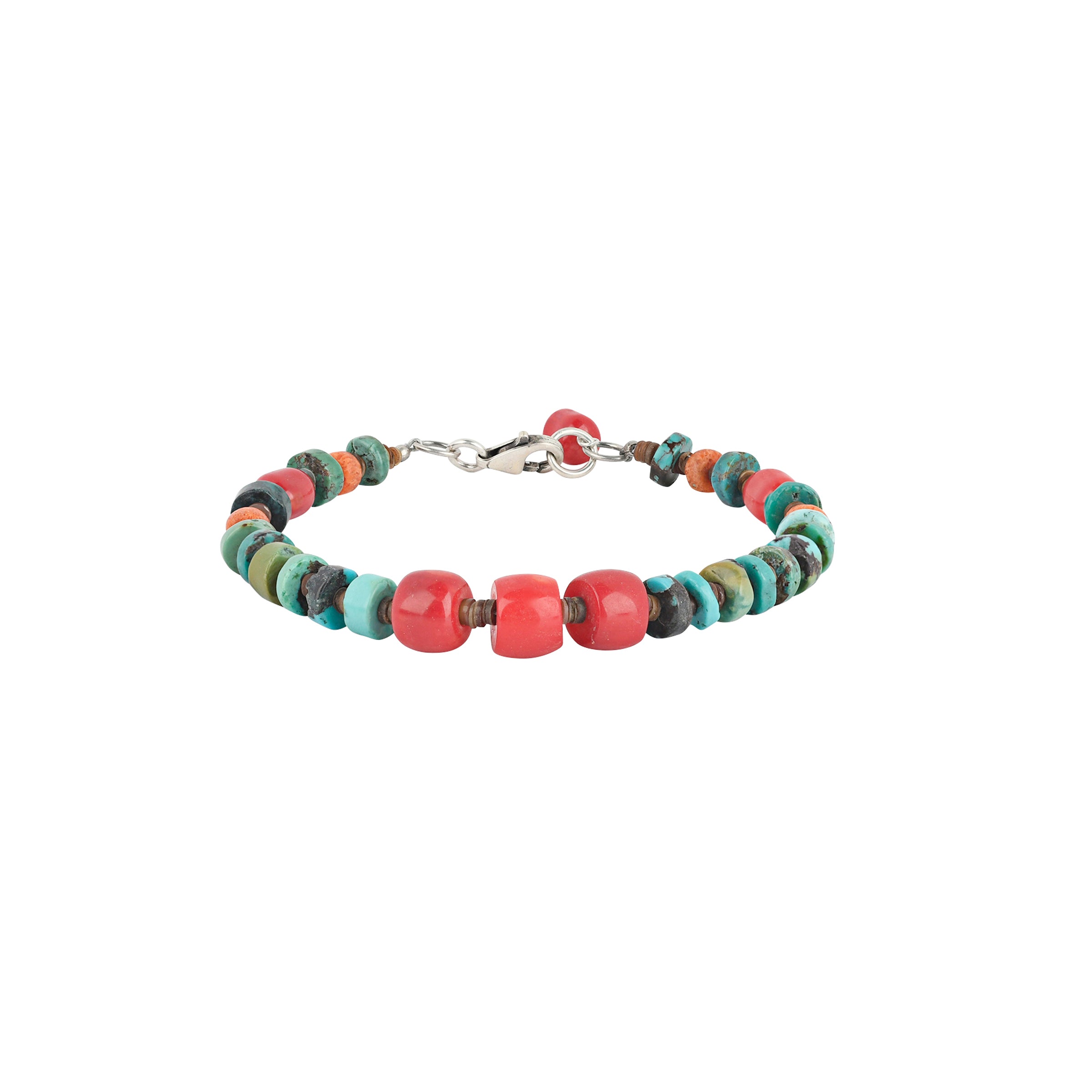 Beaded bracelet strung with red coral, blue turquoise, green turquoise, and brown shell finished with a sterling silver lobster clasp and red coral charm