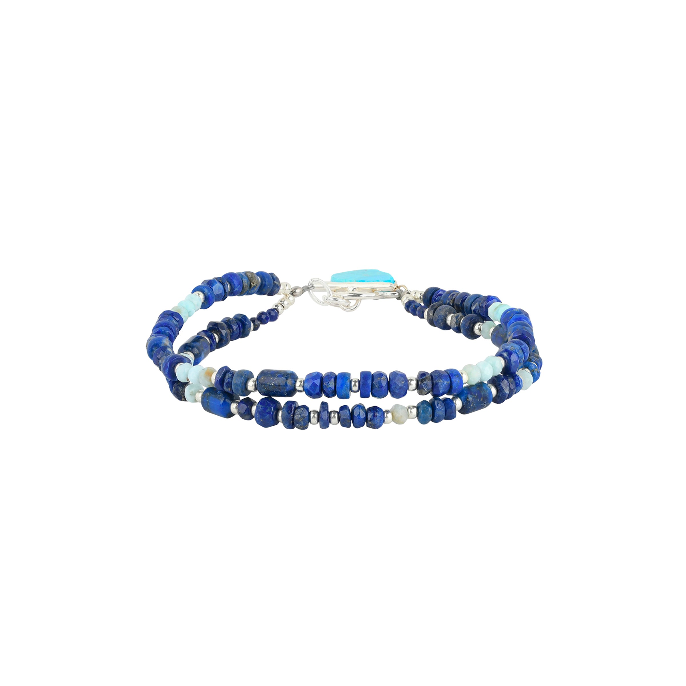 A multi-strand beaded bracelet strung with lapis, amazonite, and seed beads finished with a toggle clasp and a teardrop charm of blue turquoise